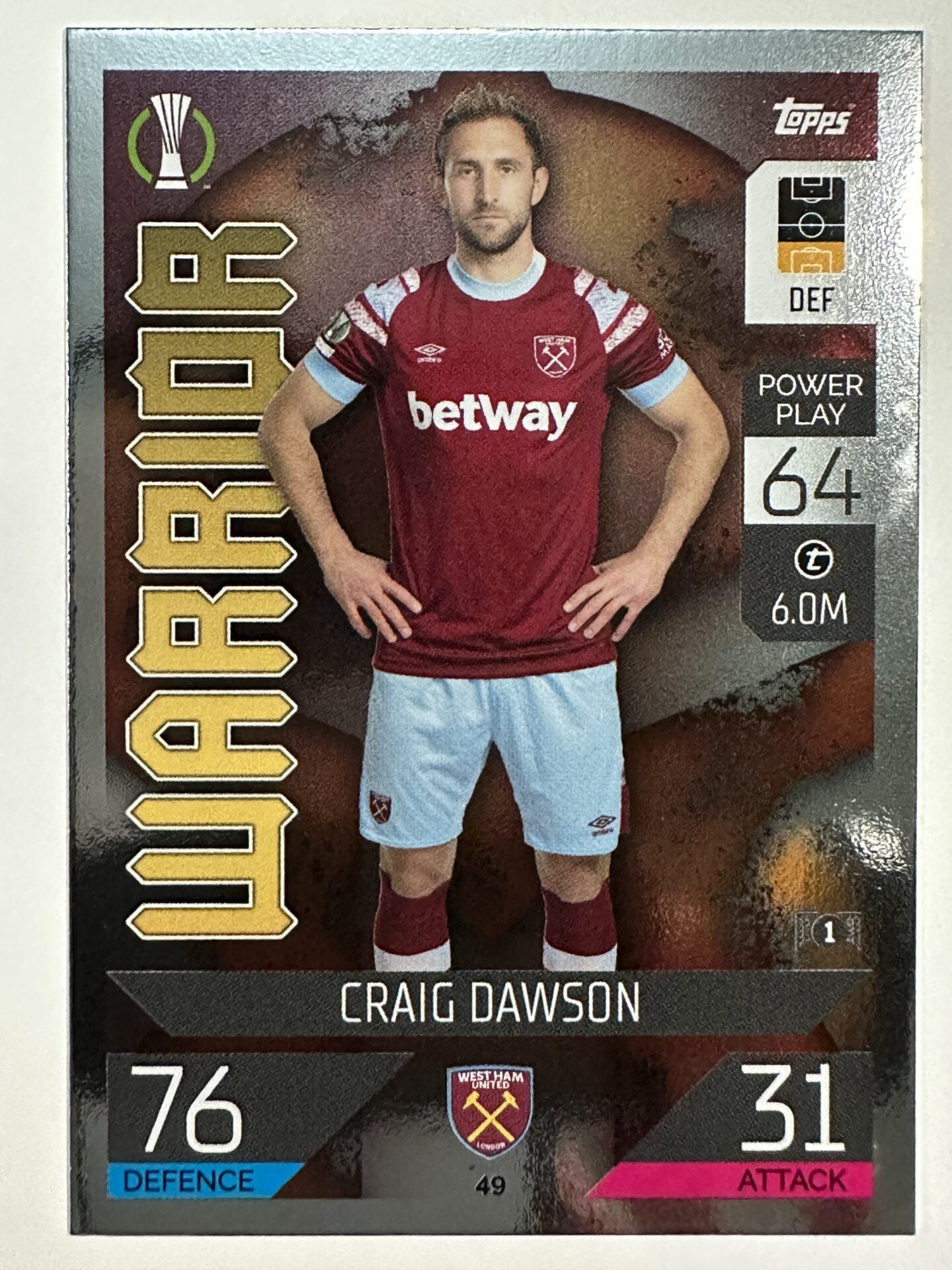 049 Craig Dawson Warrior (West Ham) Topps Match Attax 2022:2023 Card