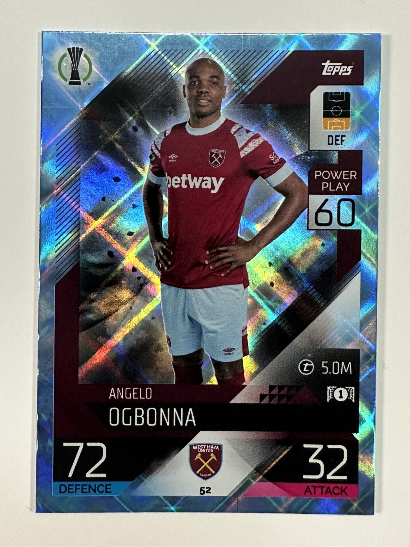 052 Angelo Ogbonna Base Crystal Foil Parallel (West Ham) Topps Match Attax 2022:2023 Card