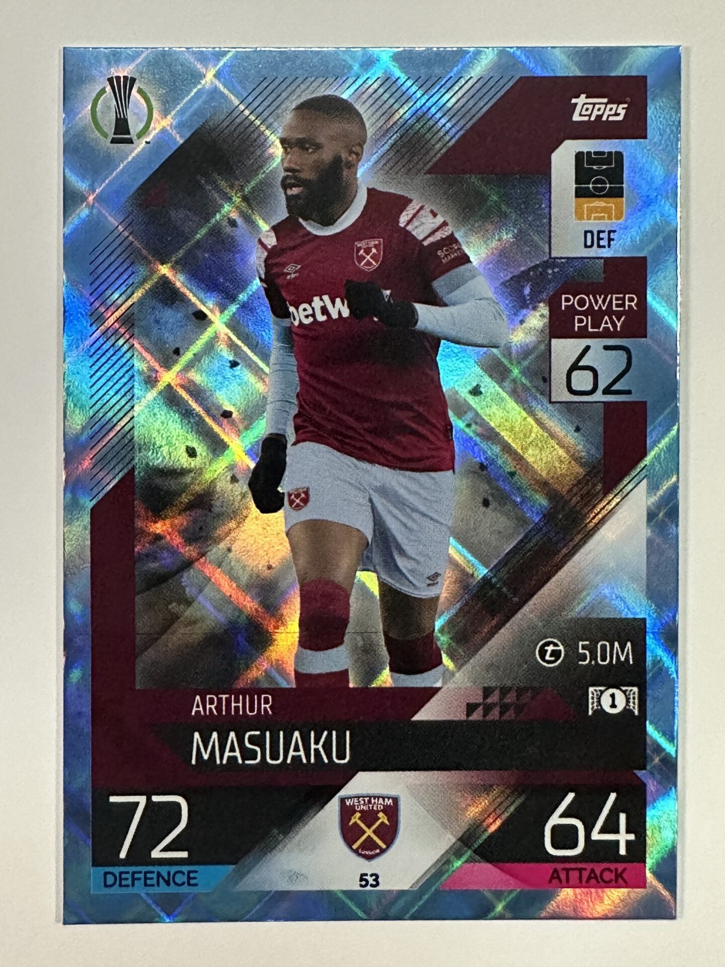 053 Arthur Masuaku Base Crystal Foil Parallel (West Ham) Topps Match Attax 2022:2023 Card