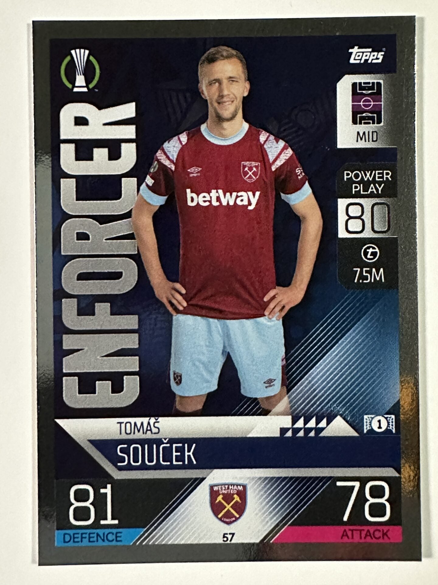 057 Tomas Soucek Enforcer (West Ham) Topps Match Attax 2022:2023 Card