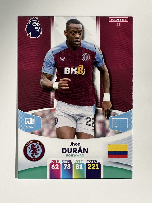 062 Jhon Duran Aston Villa Base Panini Premier League Adrenalyn XL 2024 Card