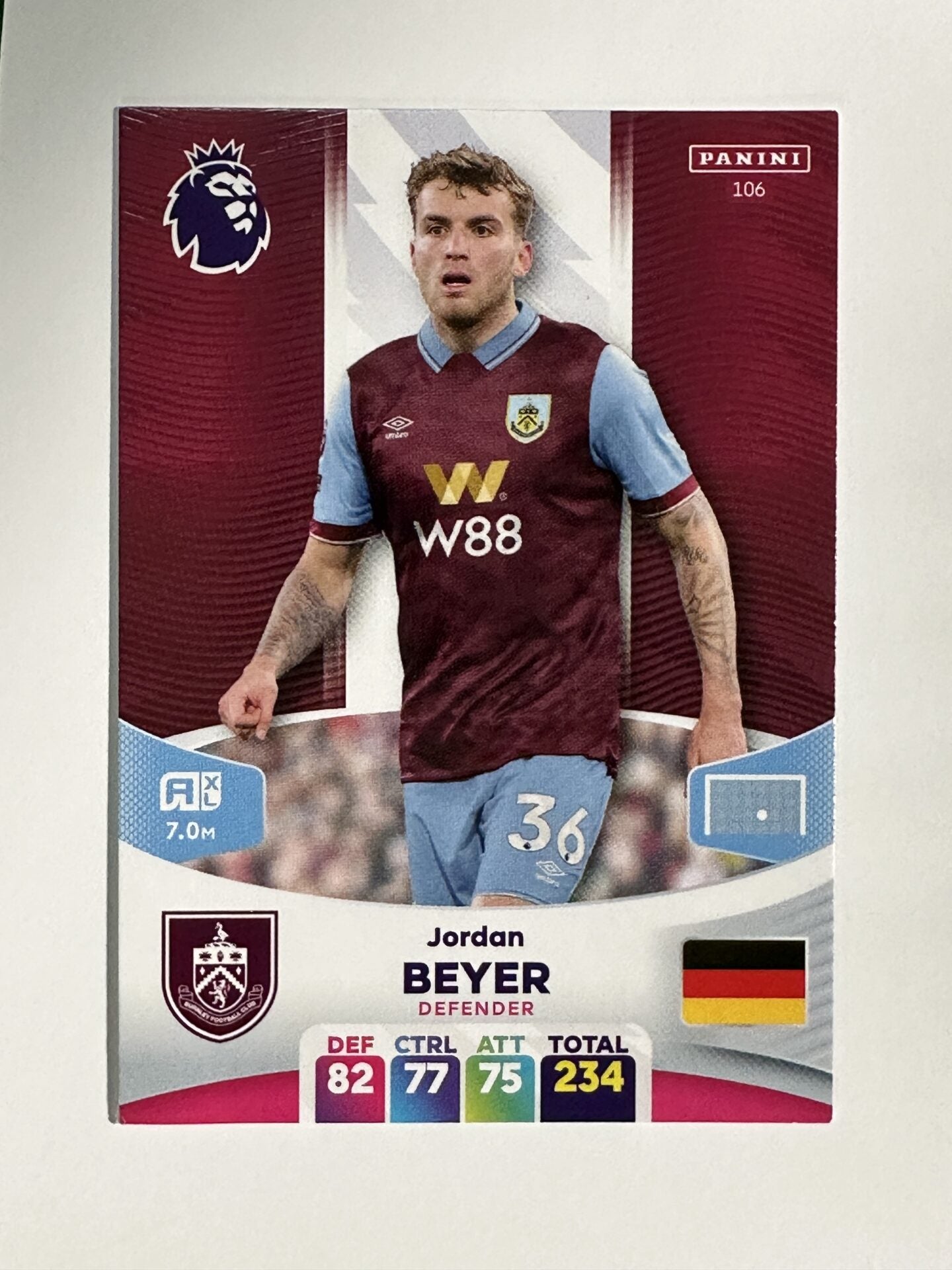 106 Jordan Beyer Burnley Base Panini Premier League Adrenalyn XL 2024 Card