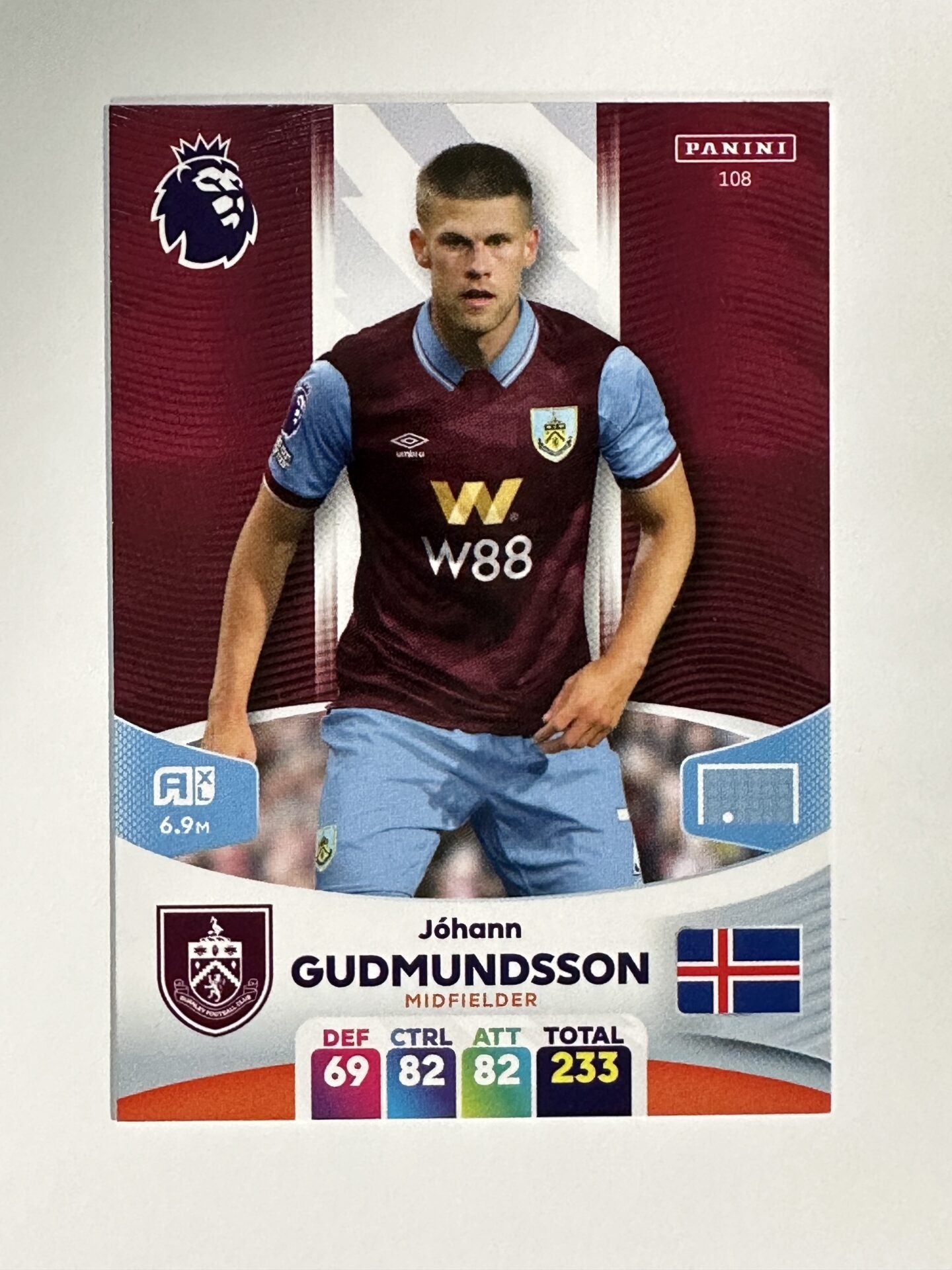 108 Johann Gudmundsson Burnley Base Panini Premier League Adrenalyn XL 2024 Card