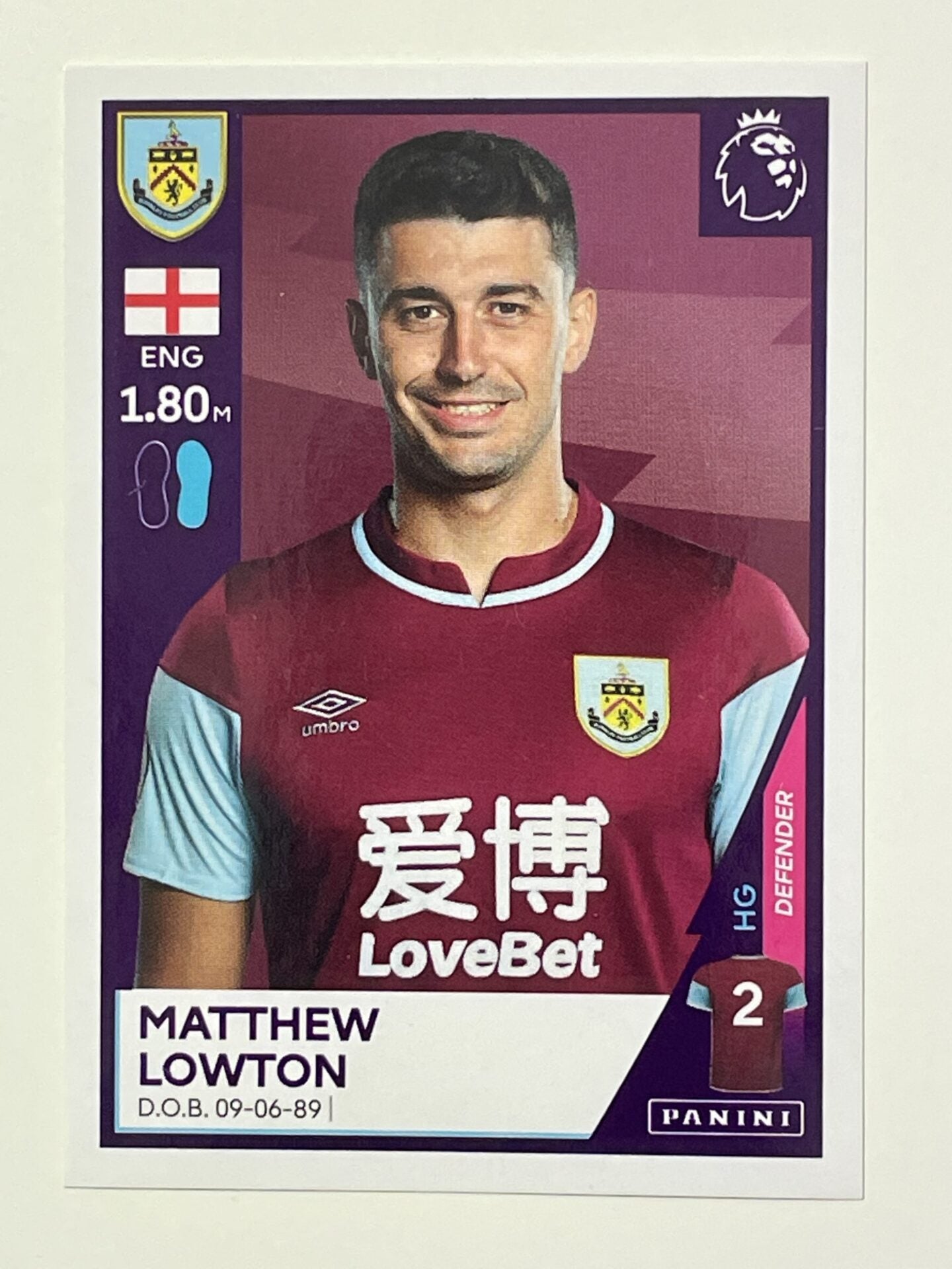 114 Matthew Lowton Sticker Burnley Premier League 2021 Football Sticker