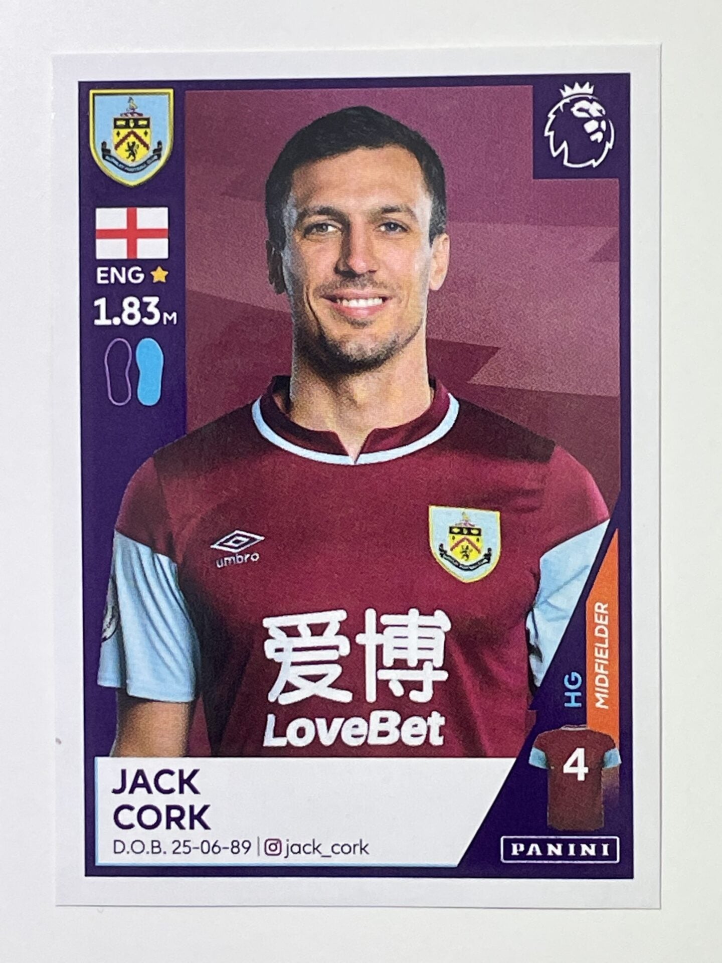 123 Jack Cork Sticker Burnley Premier League 2021 Football Sticker