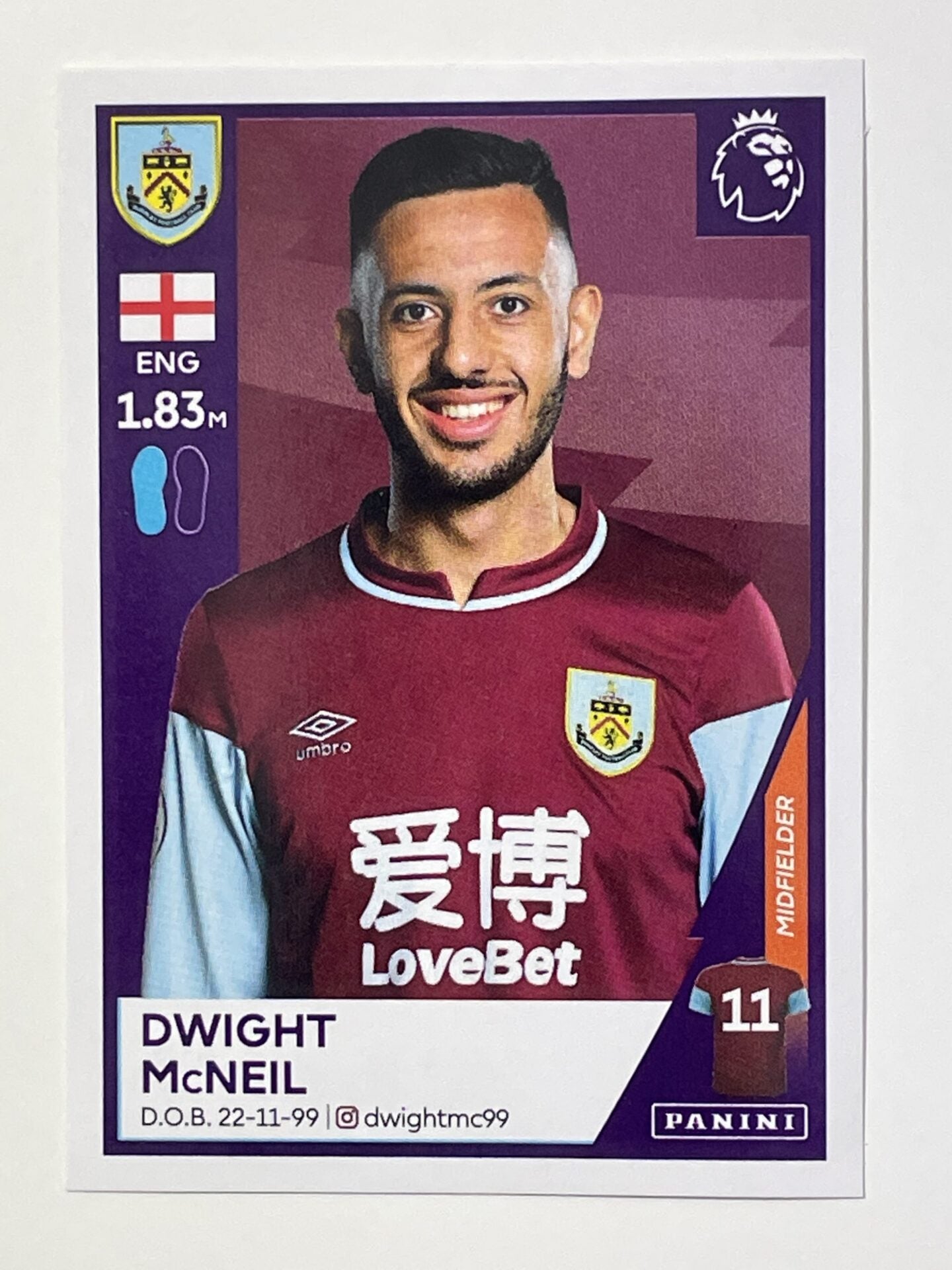 126 Dwight McNeil Sticker Burnley Premier League 2021 Football Sticker