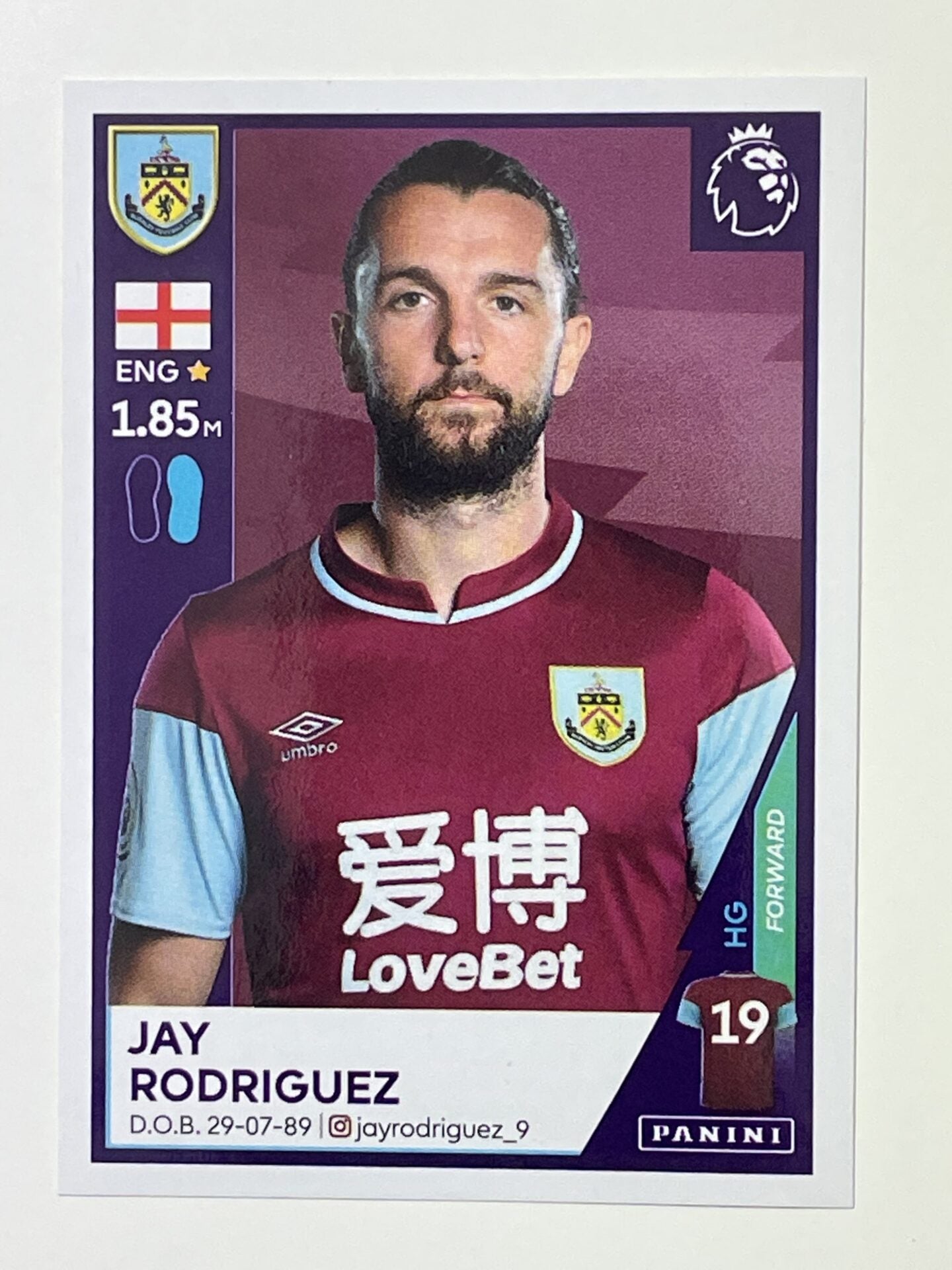 132 Jay Rodriguez Sticker Burnley Premier League 2021 Football Sticker