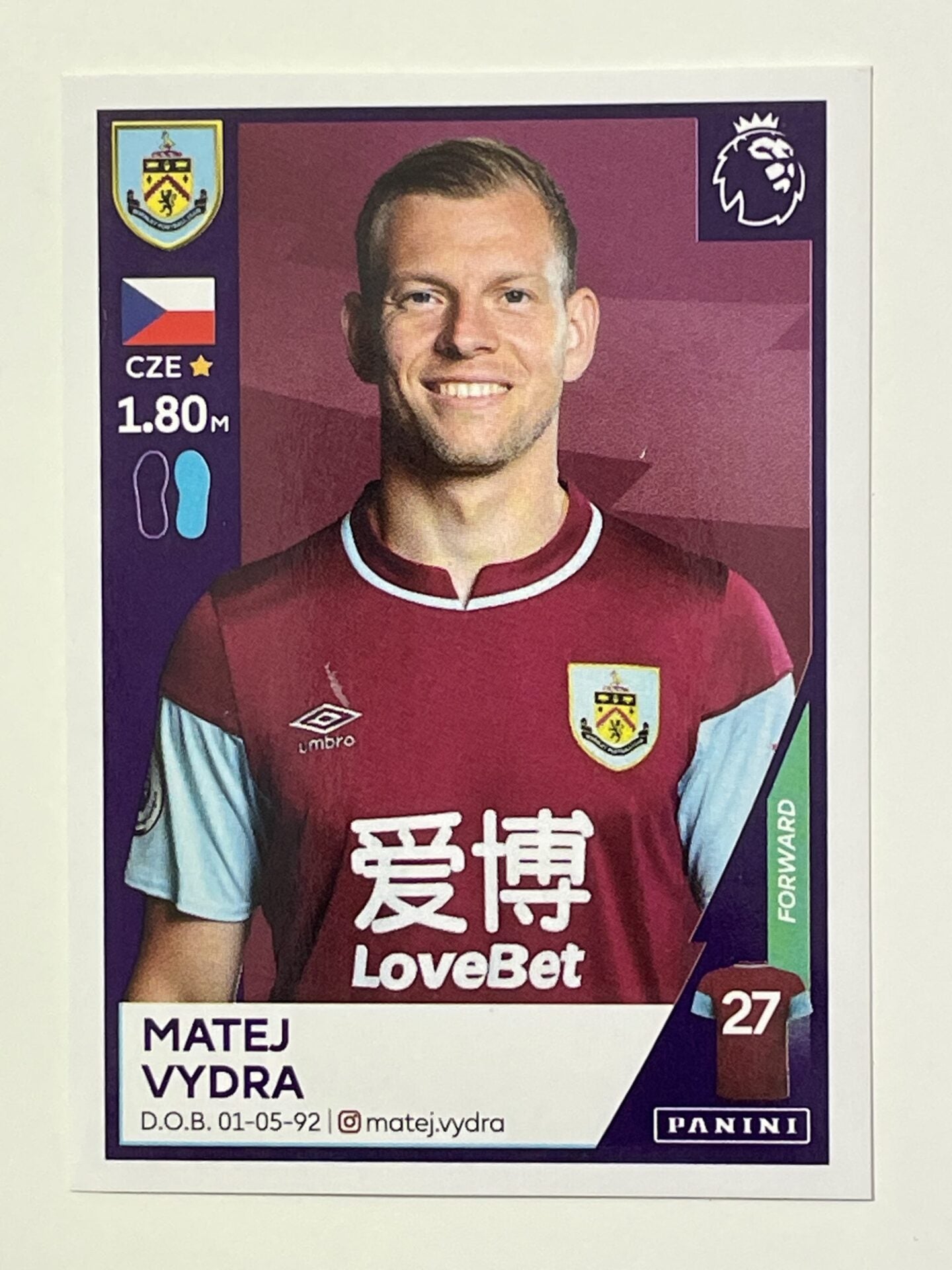 133 Matej Vydra Sticker Burnley Premier League 2021 Football Sticker