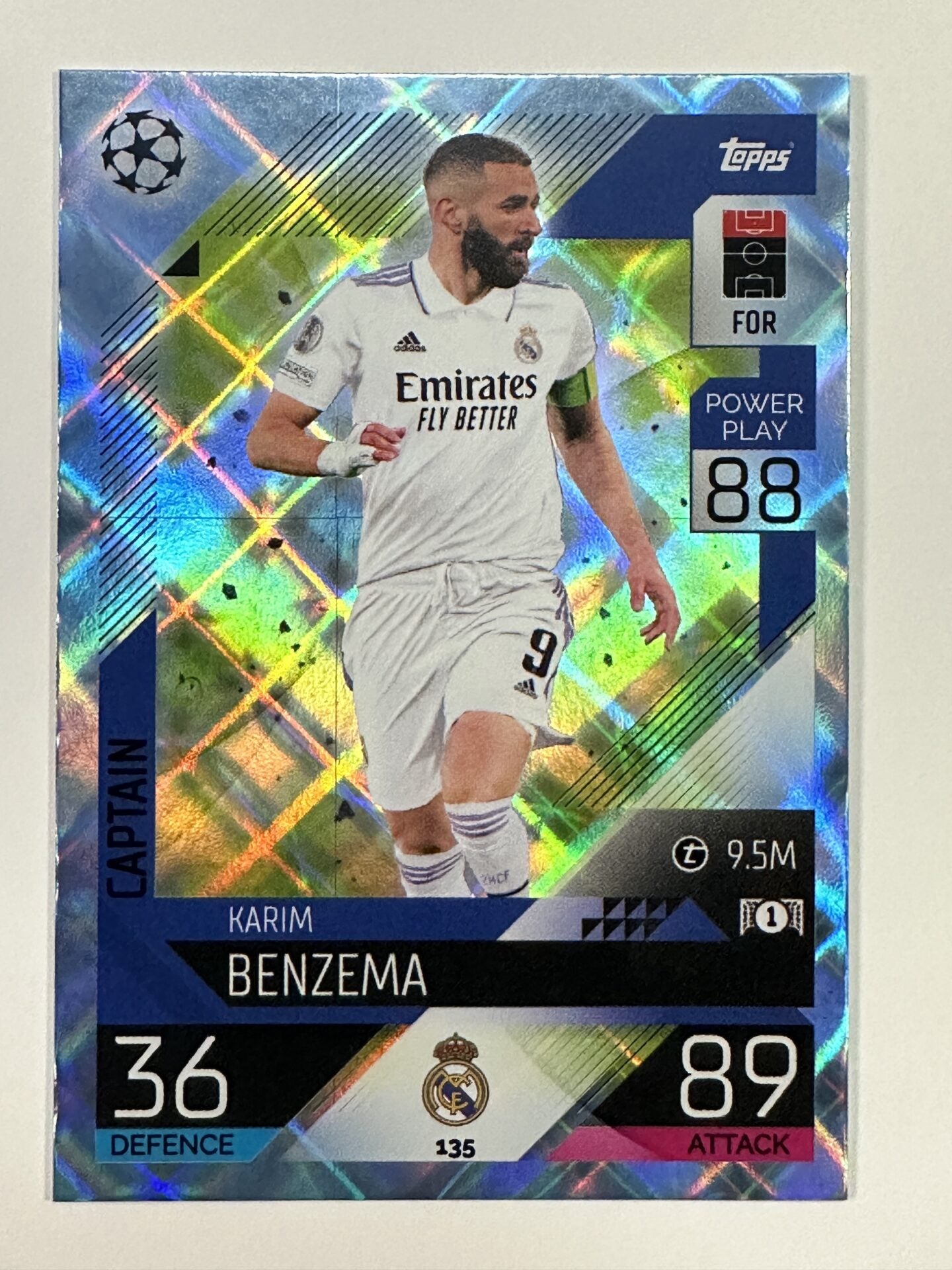 135 Karim Benzema Captain Crystal Foil Parallel (Real Madrid) Topps Match Attax 2022:2023 Card