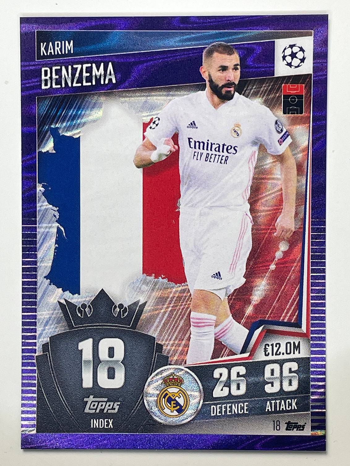 18. Karim Benzema (Real Madrid CF) Football Card &#8211; Purple Parallel Match Attax 101 2021 Card