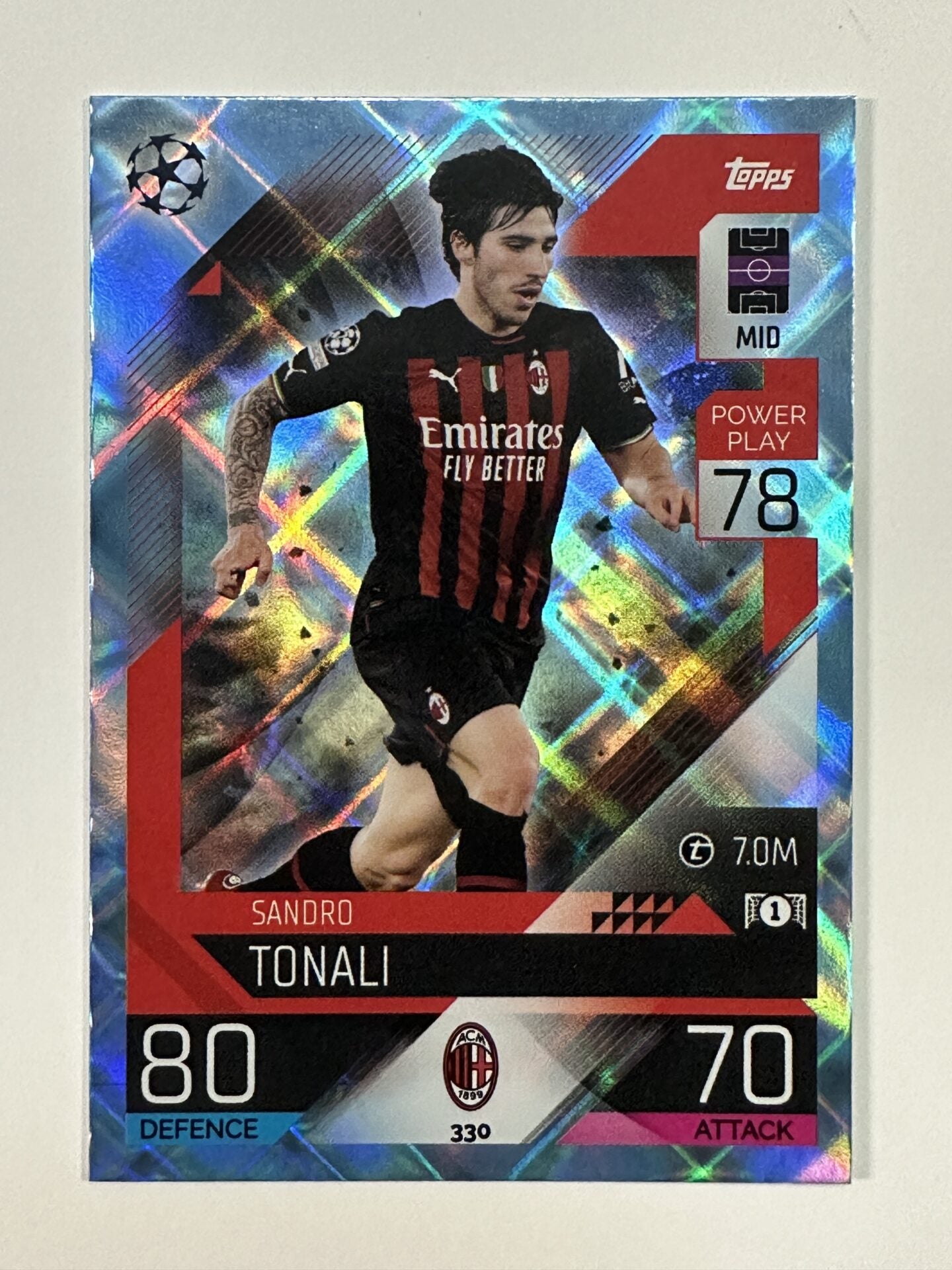 330 Sandro Tonali Base Crystal Foil Parallel (AC Milan) Topps Match Attax 2022:2023 Card