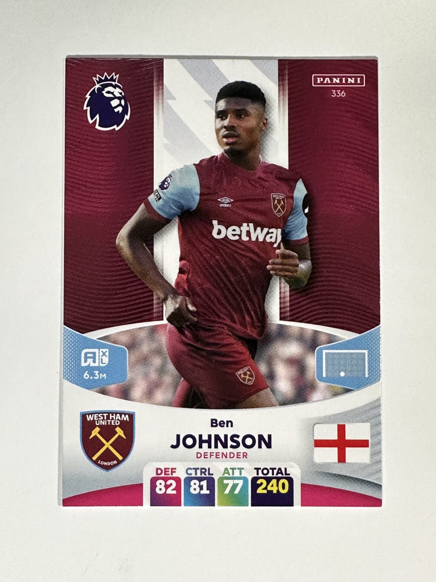 336 Ben Johnson West Ham Base Panini Premier League Adrenalyn XL 2024 Card