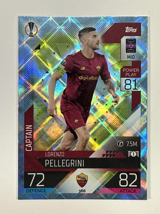 366 Lorenzo Pellegrini Captain Crystal Foil Parallel (AS Roma) Topps Match Attax 2022:2023 Card