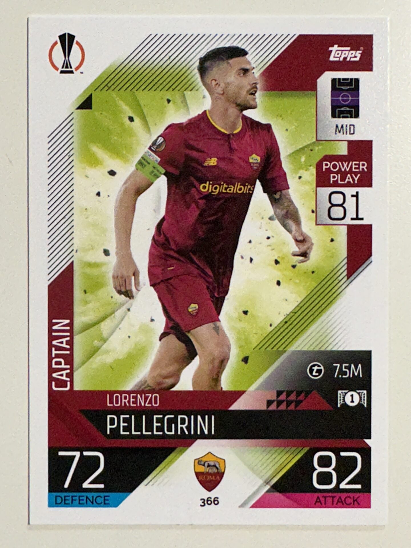 366. Lorenzo Pellegrini (AS Roma) &#8211; Captain &#8211; Topps Match Attax 2022:2023 card