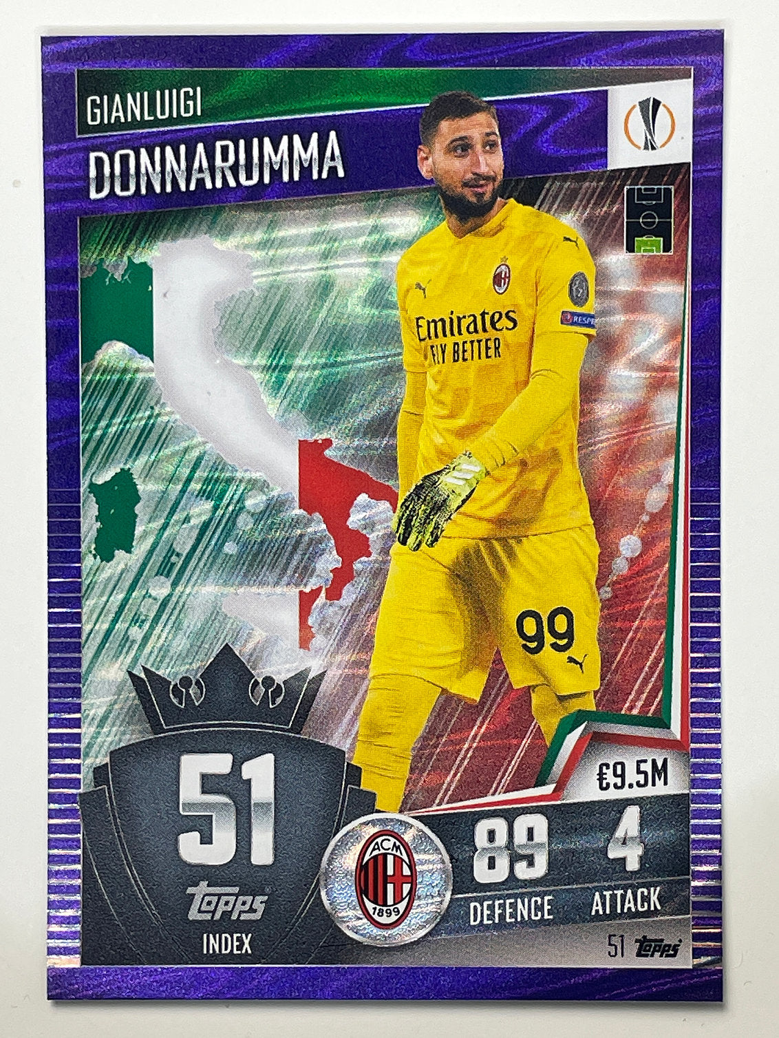 51. Gianluigi Donnarumma (AC Milan) Football Card &#8211; Purple Parallel Match Attax 101 2021 Card