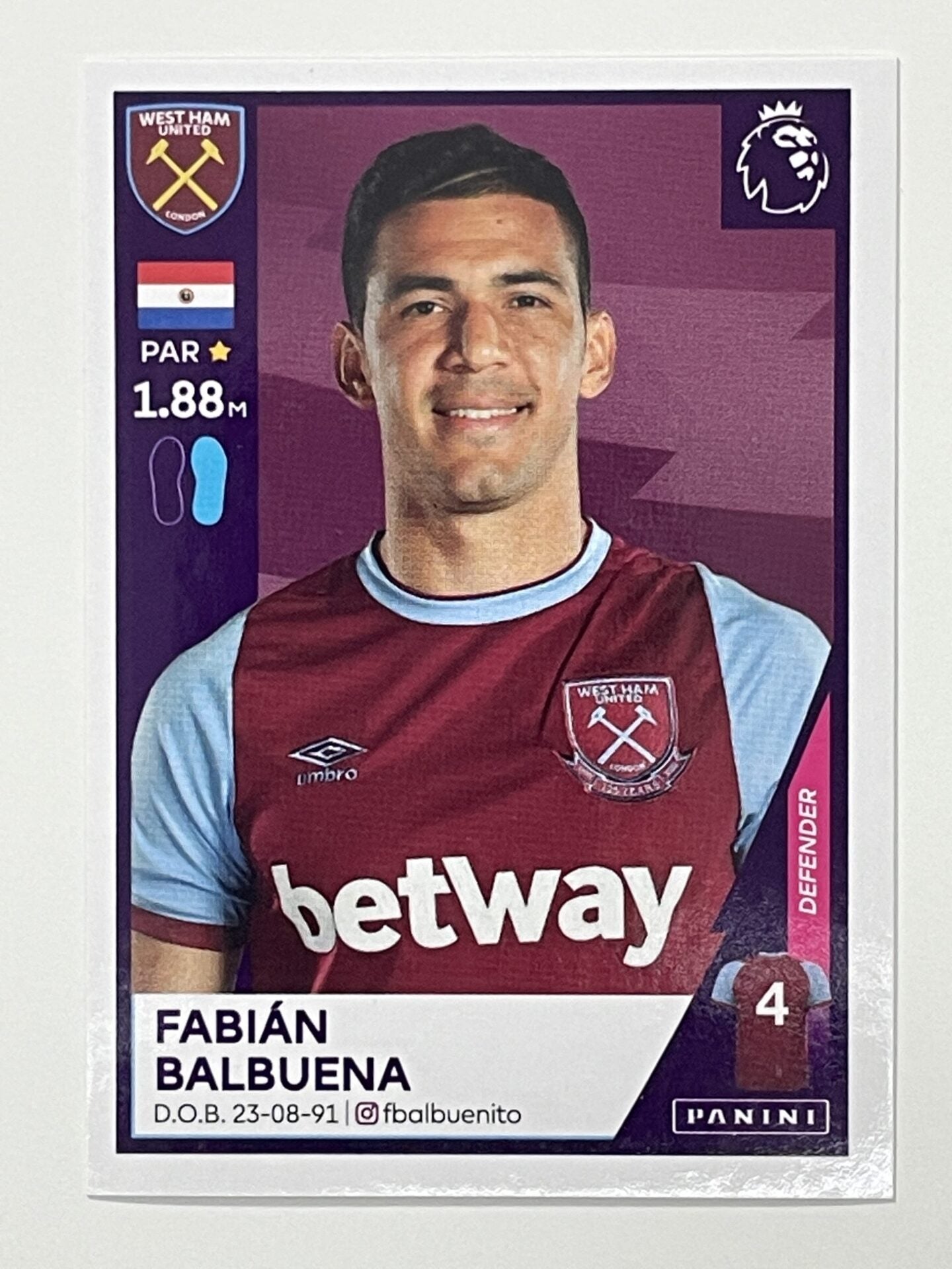 590 Fabian Balbuena Sticker West Ham Premier League 2021 Football Sticker