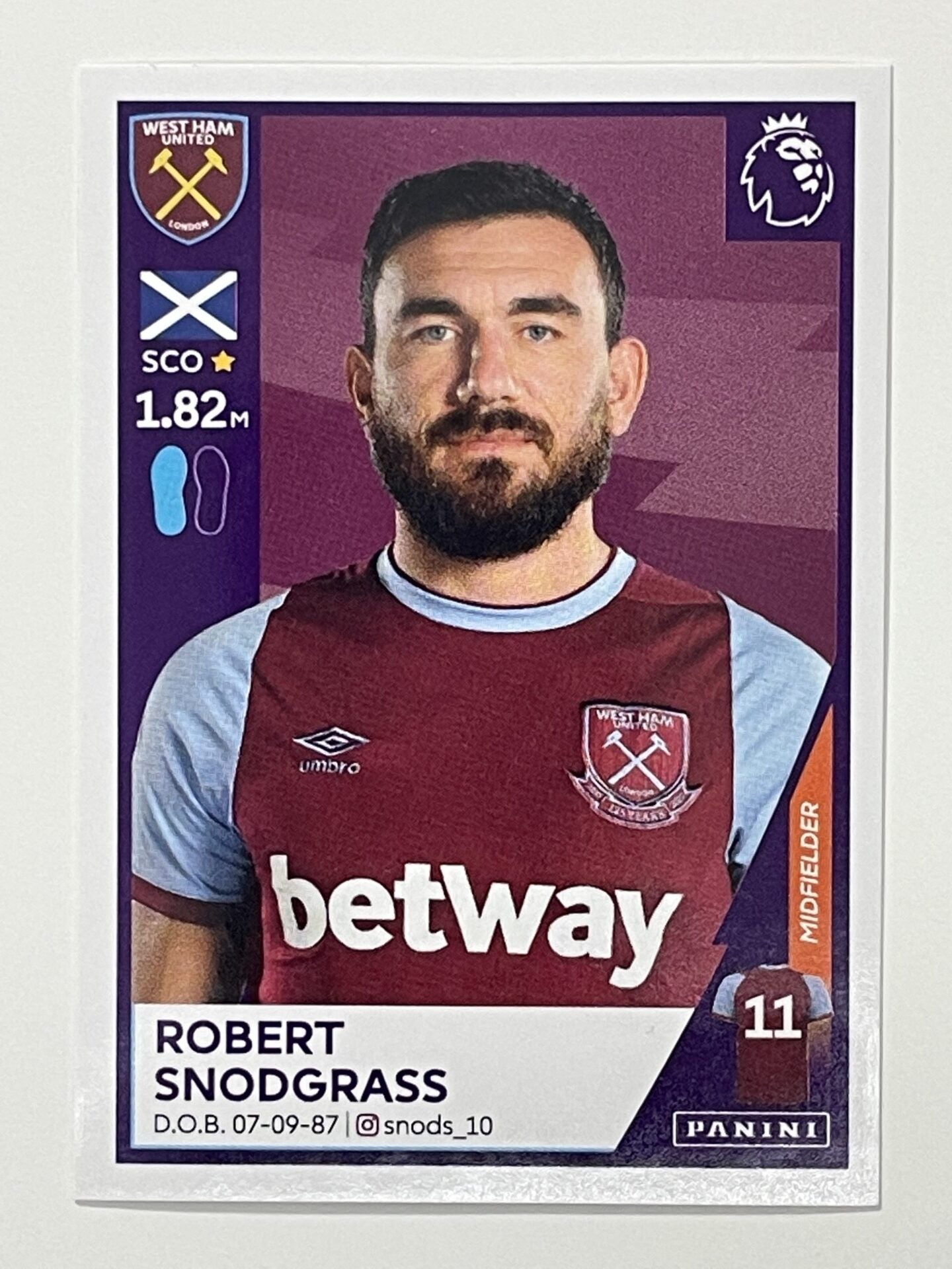 599 Robert Snodgrass Sticker West Ham Premier League 2021 Football Sticker