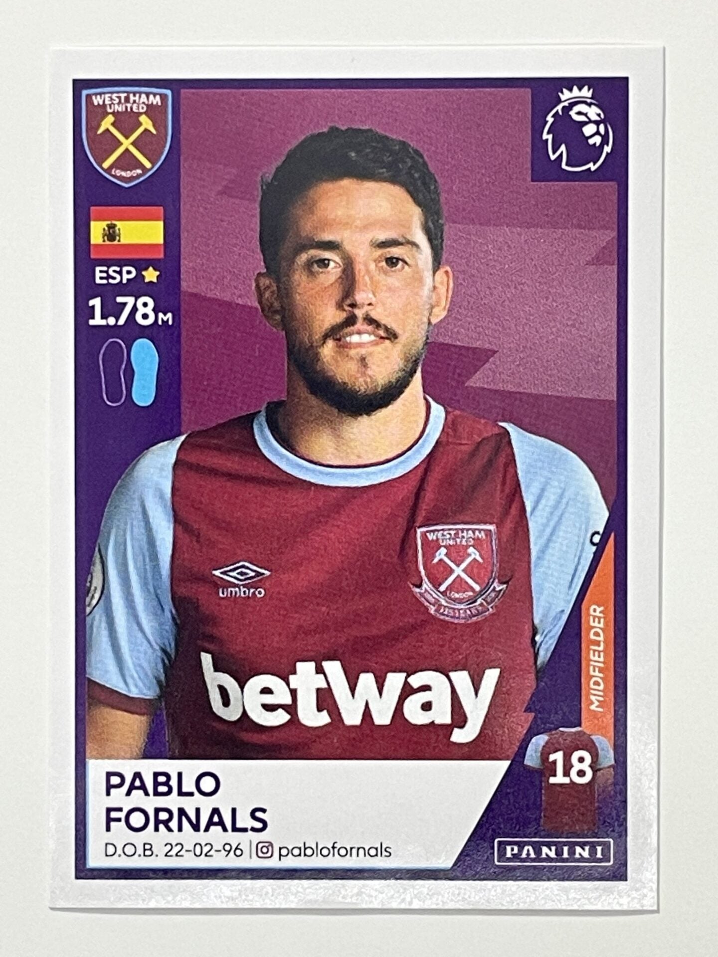 601 Pablo Fornals Sticker West Ham Premier League 2021 Football Sticker