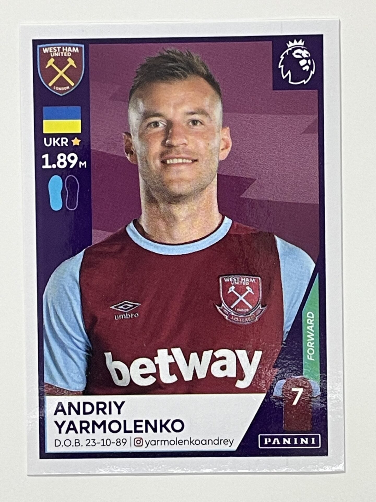 604 Andriy Yarmolenko Sticker West Ham Premier League 2021 Football Sticker