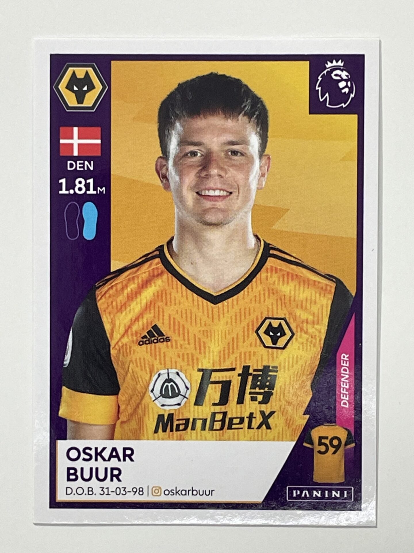 627 Oskar Buur Sticker Wolves Premier League 2021 Football Sticker