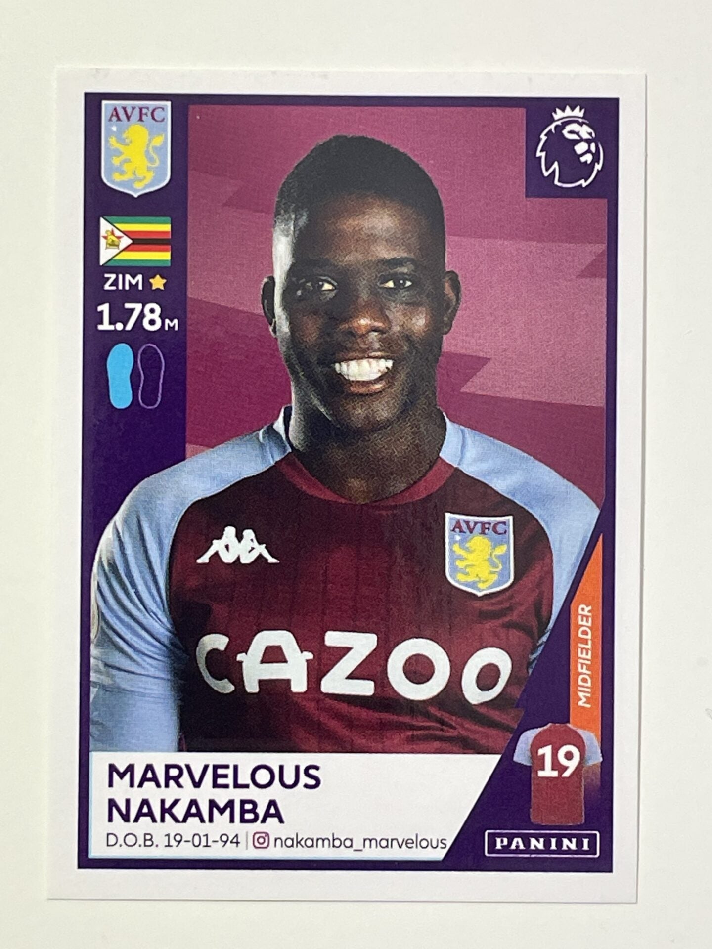 69 Marvelous Nakamba Sticker Aston Villa Premier League 2021 Football Sticker