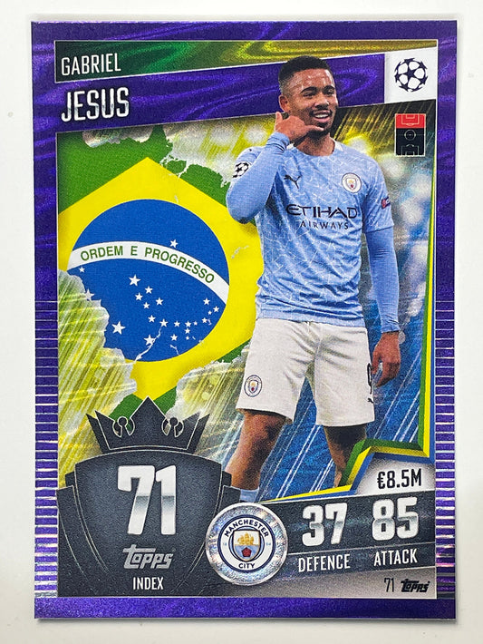 71. Gabriel Jesus (Manchester City) Football Card &#8211; Purple Parallel Match Attax 101 2021 Card