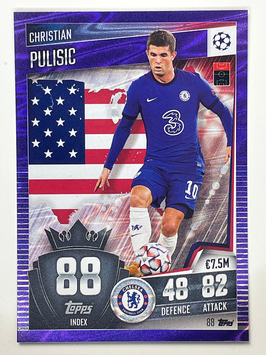 88. Christian Pulisic (Chelsea) Football Card &#8211; Purple Parallel Match Attax 101 2021 Card