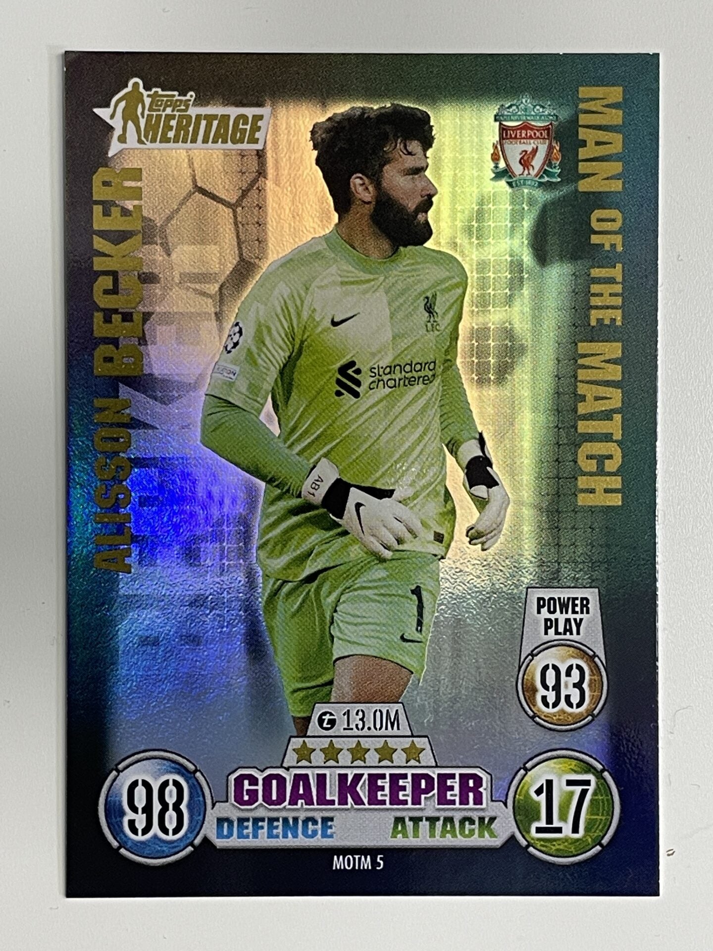 Alisson Becker Liverpool FC Man of the Match Heritage Topps Match Attax Extra 2021:22 Champions League Card