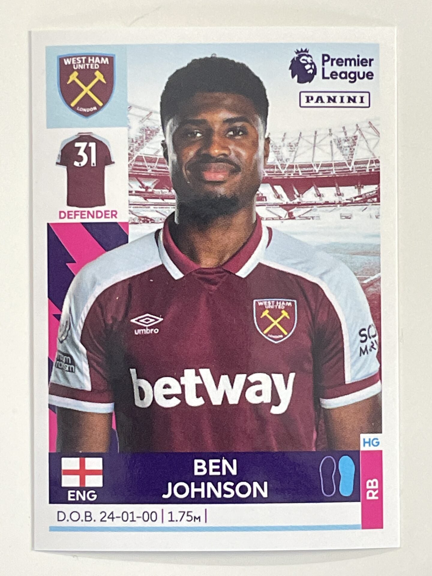 Ben Johnson West Ham Panini Premier League 2022 Football Sticker