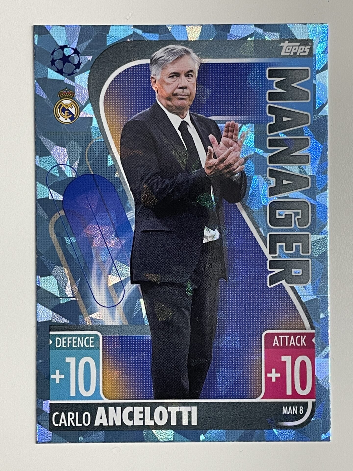 Carlo Ancelotti Real Madrid Manager Crystal Foil Parallel Topps Match Attax Extra 2021:22 Champions League Card