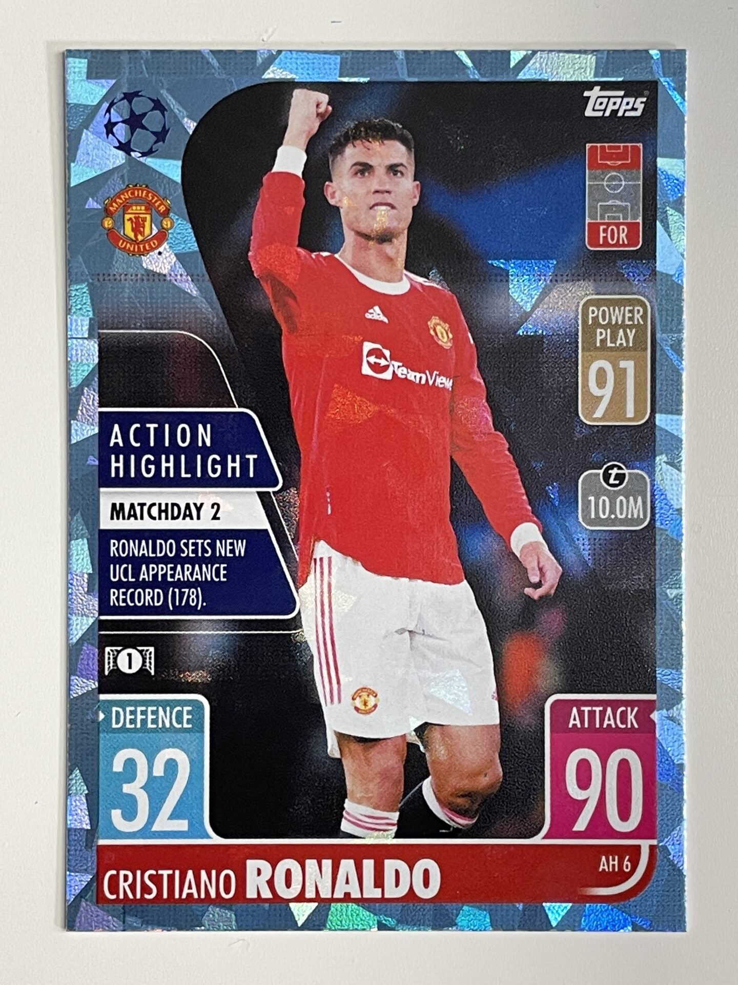 Cristiano Ronaldo Manchester United Action Highlight Crystal Foil Parallel Topps Match Attax Extra 2021:22 Champions League Card