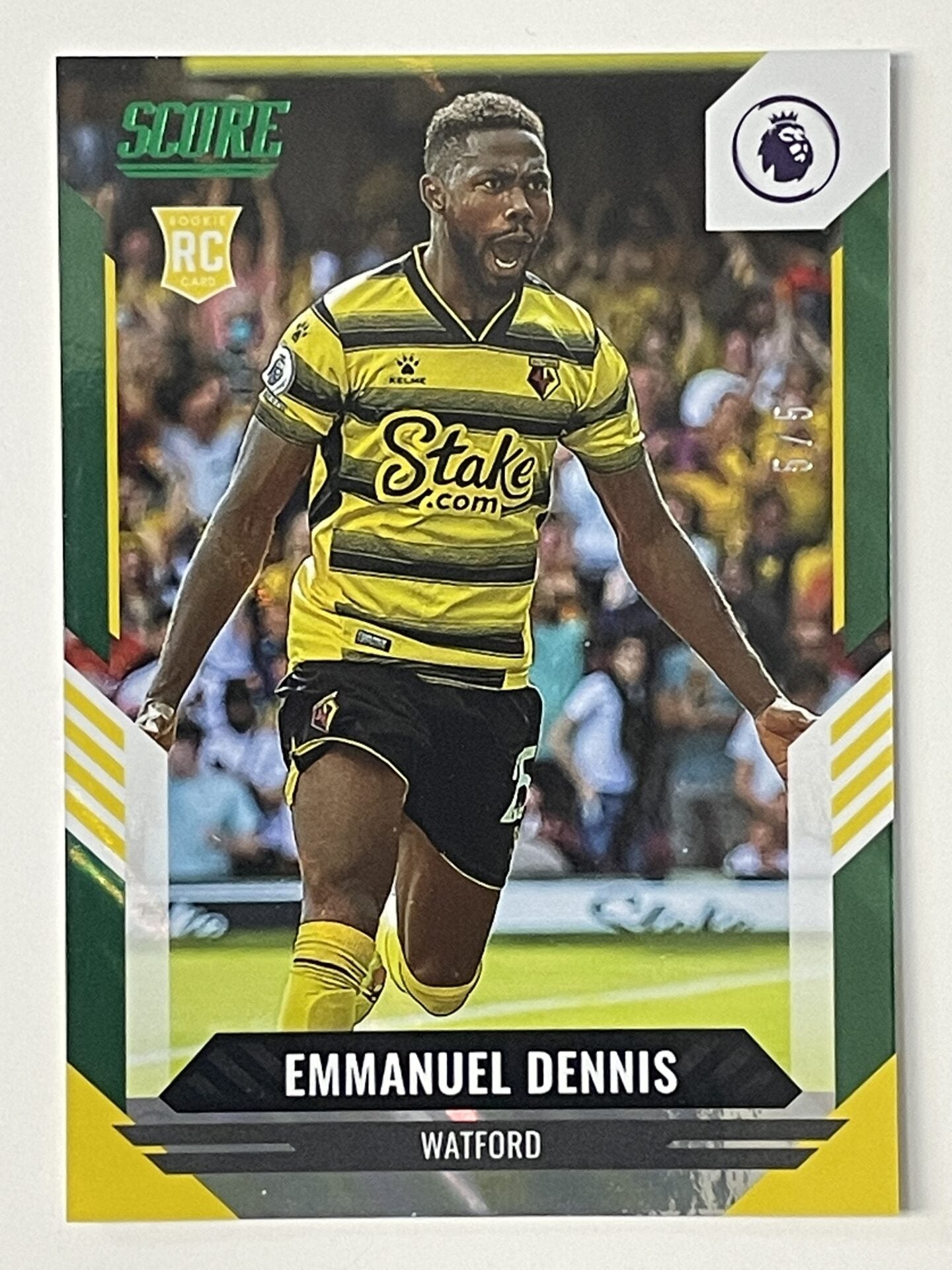 Emmanuel Dennis Watford Base Green Lava Parallel Panini Premier League Score 2021 2022