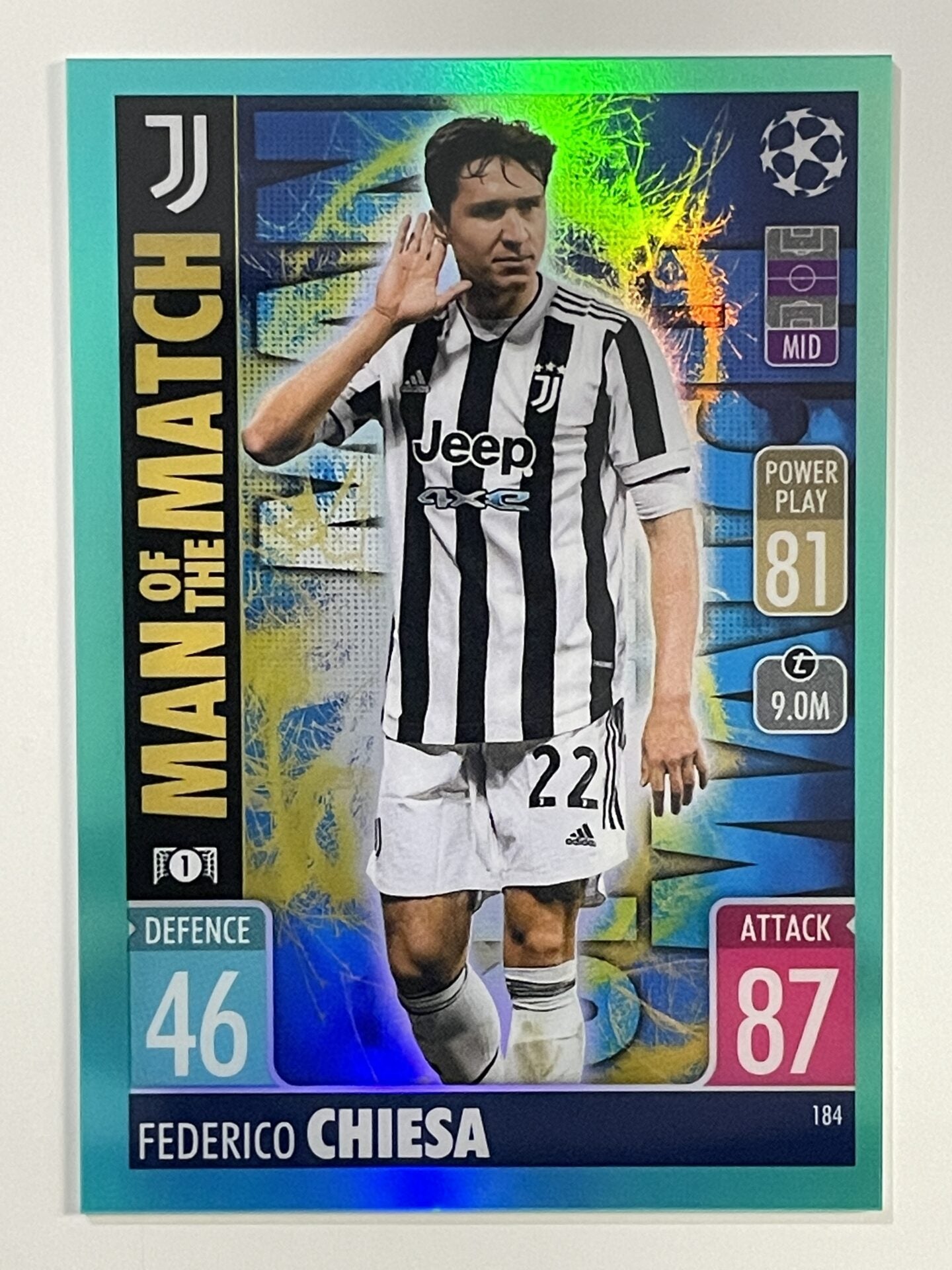 Federico Chiesa Man of the Match Aqua Parallel Topps Match Attax Chrome 2021 2022