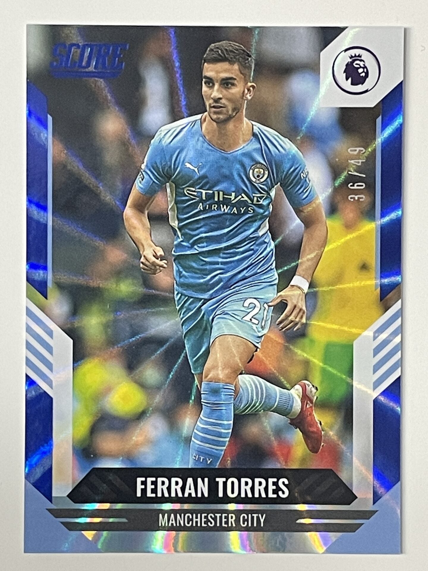 Ferran Torres Manchester City Base Blue Laser Parallel Panini Premier League Score 2021 2022