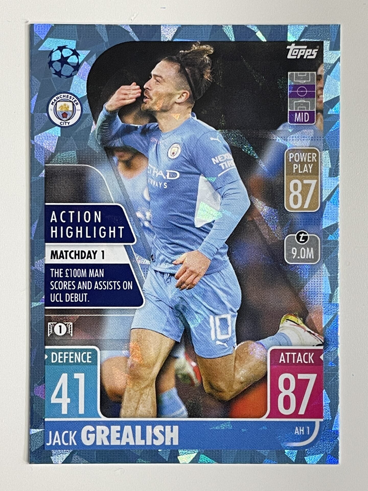 Jack Grealish Manchester City Action Highlight Crystal Foil Parallel Topps Match Attax Extra 2021:22 Champions League Card