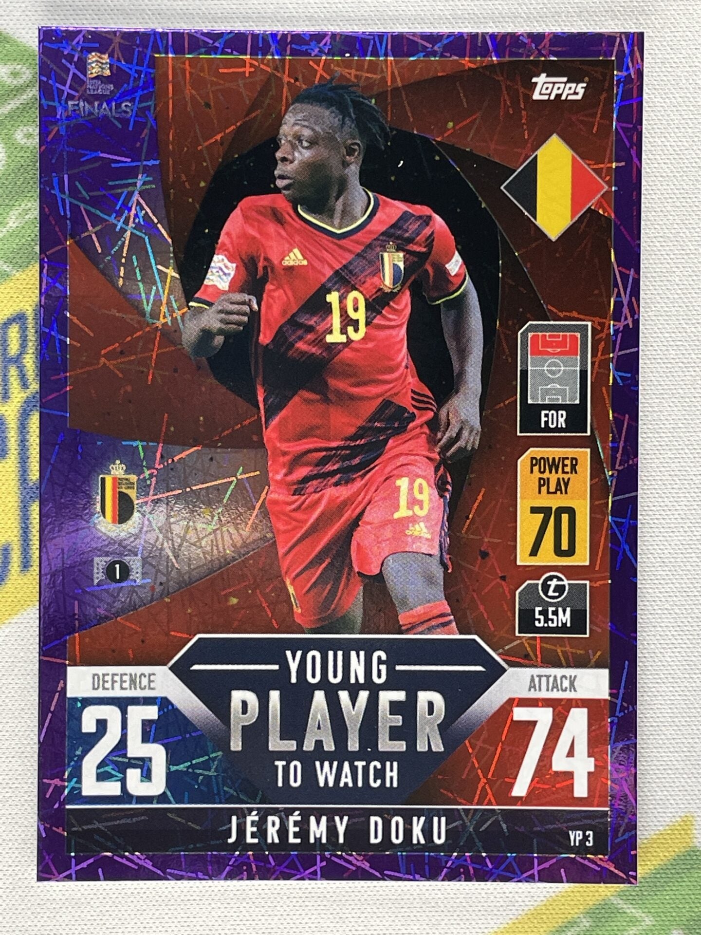 Jeremy Doku Belgium Young Player to Watch Purple Foil Parallel Topps Match Attax 101 Road to Nations League 2022 Card