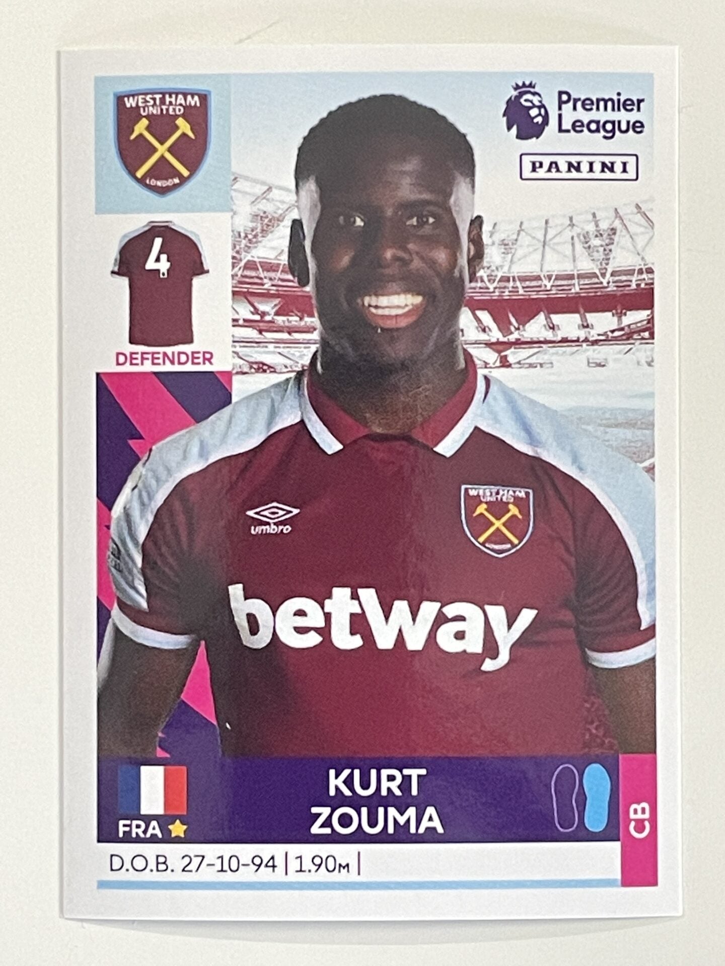 Kurt Zouma West Ham Panini Premier League 2022 Football Sticker