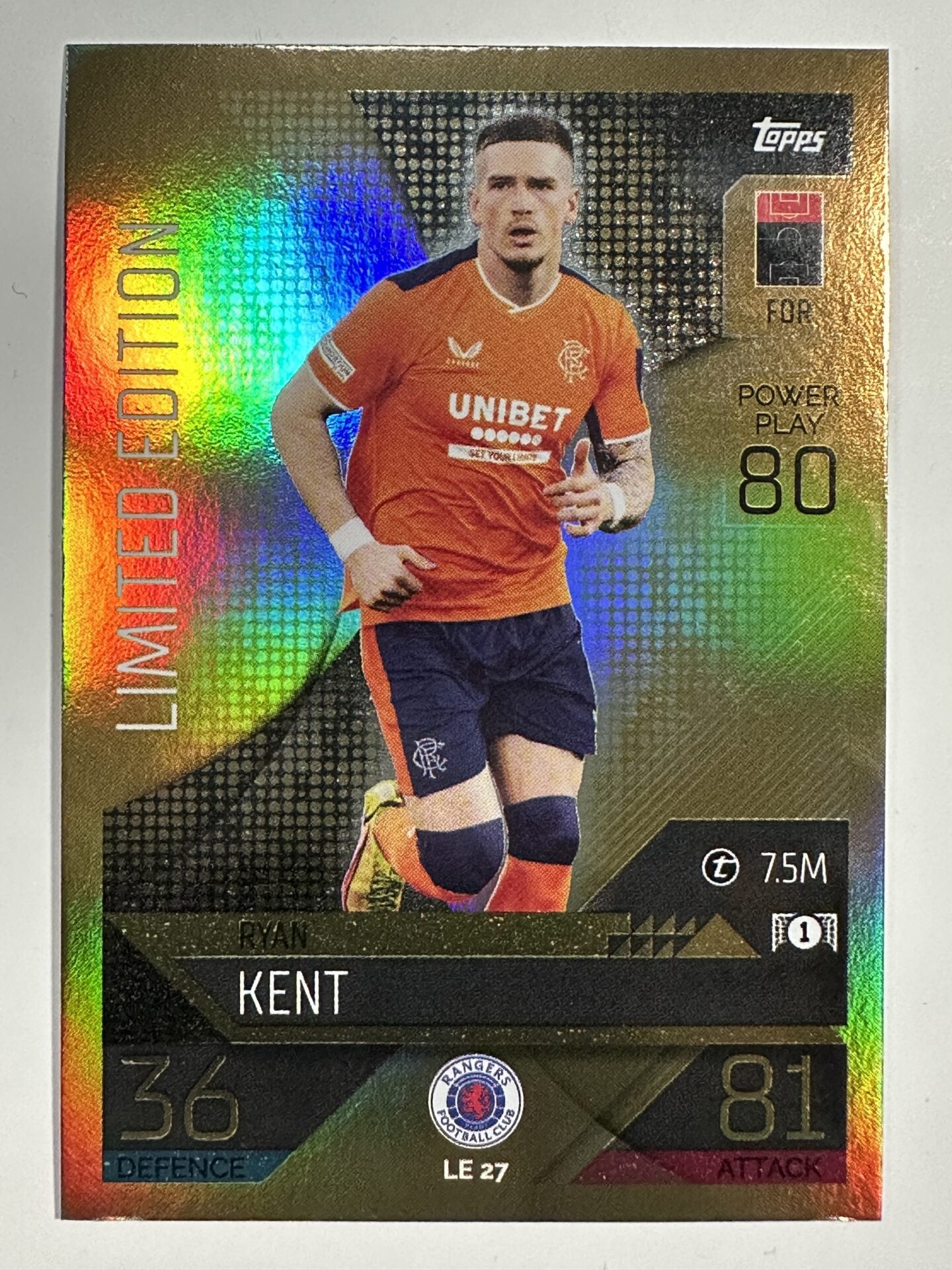 LE27 Ryan Kent Limited Edition (Rangers) Topps Match Attax 2022:2023 Card