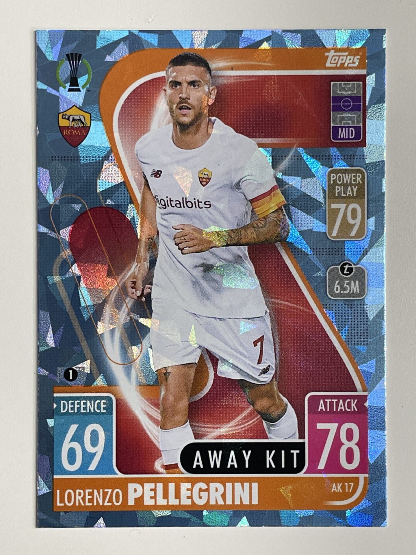 Lorenzo Pellegrini Roma Away Kit Crystal Foil Parallel Topps Match Attax Extra 2021:22 Champions League Card