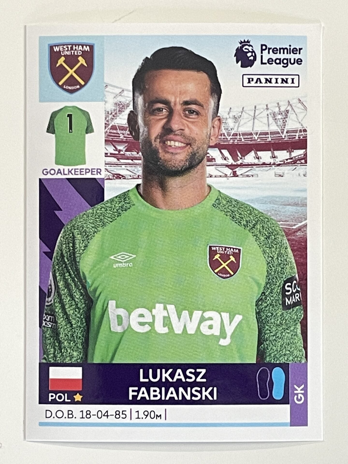 Lukasz Fabianski West Ham Panini Premier League 2022 Football Sticker