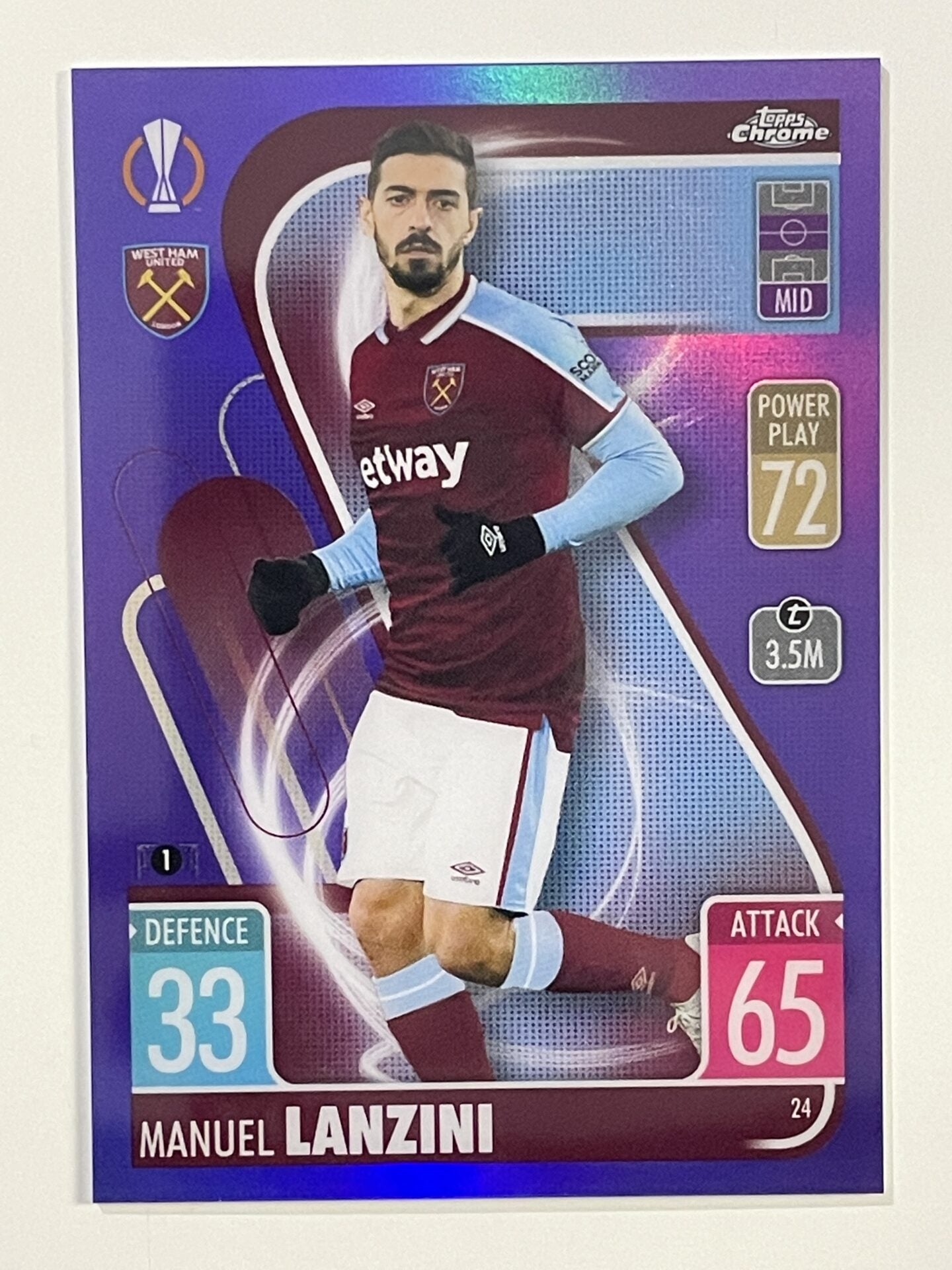 Manuel Lanzini Purple Parallel Topps Match Attax Chrome 2021 2022