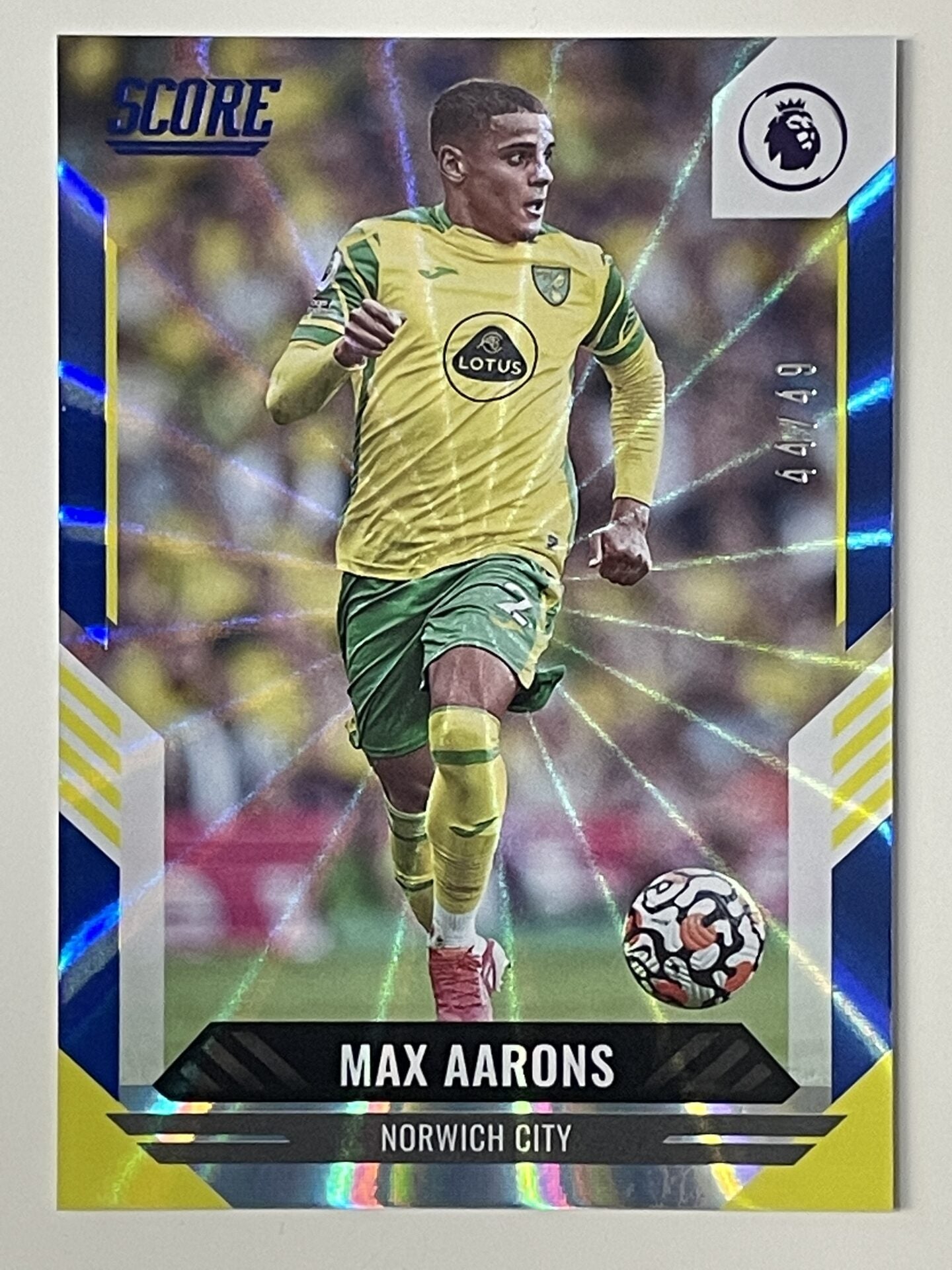 Max Aarons Norwich City Base Blue Laser Parallel Panini Premier League Score 2021 2022