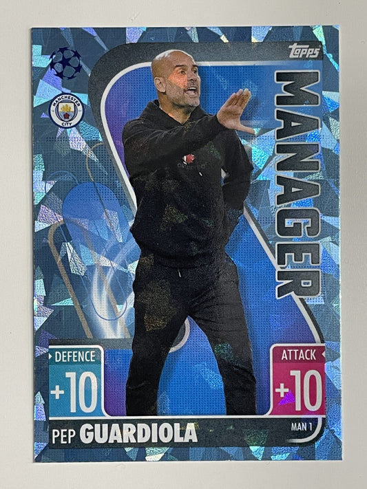 Pep Guardiola Manchester City Manager Crystal Foil Parallel Topps Match Attax Extra 2021:22 Champions League Card