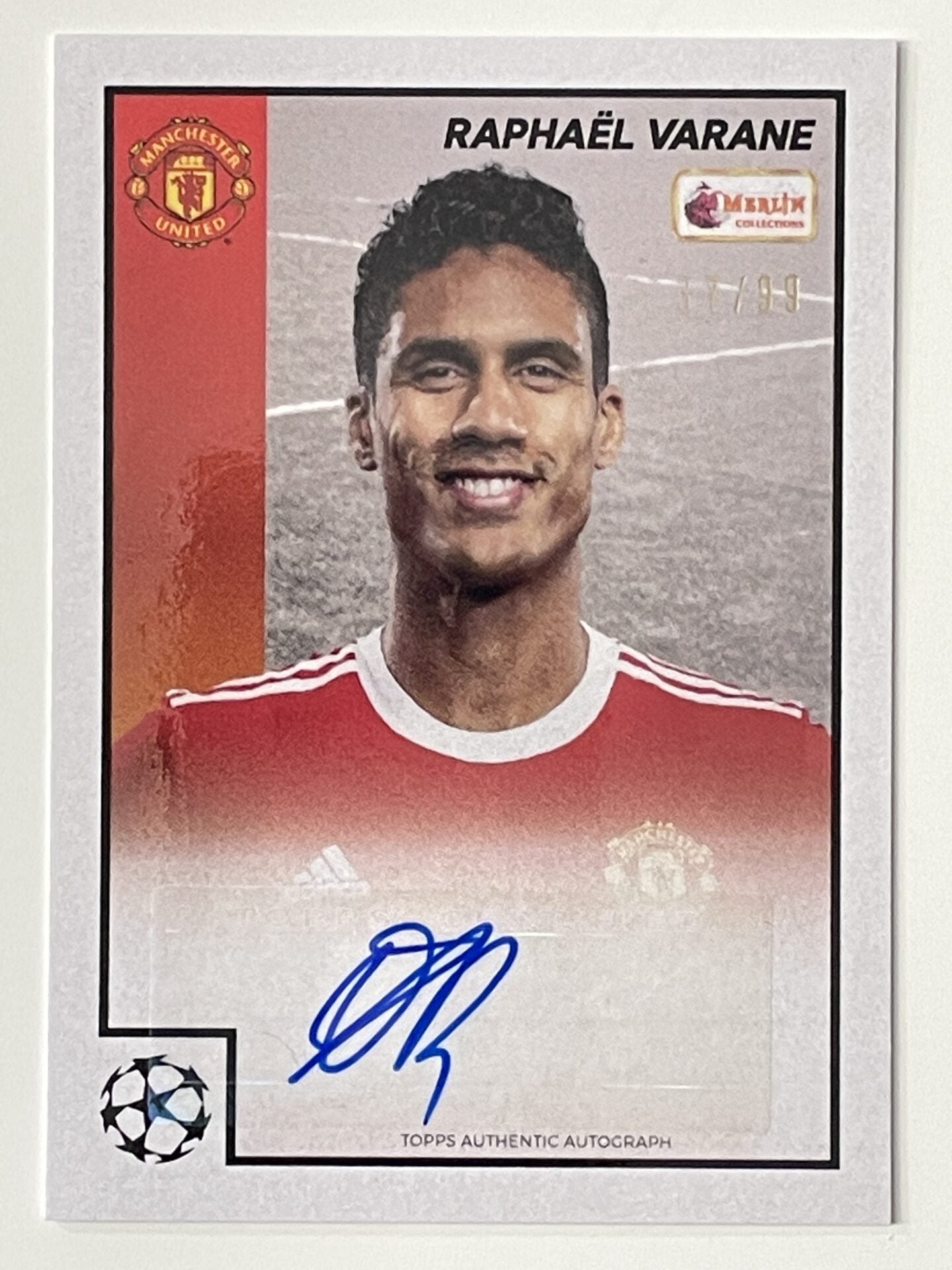 Raphael Varane Manchester United Base Autograph Parallel 37:99 Topps Merlin Heritage 97 UEFA Champions League Card