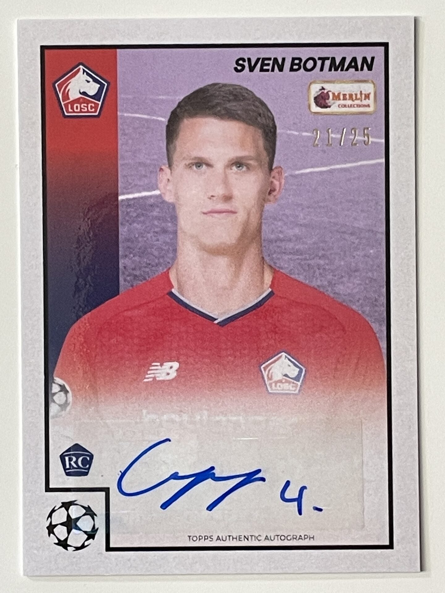 Sven Botman Lille Base Autograph Parallel Rookie 21:25 Topps Merlin Heritage 97 UEFA Champions League Card