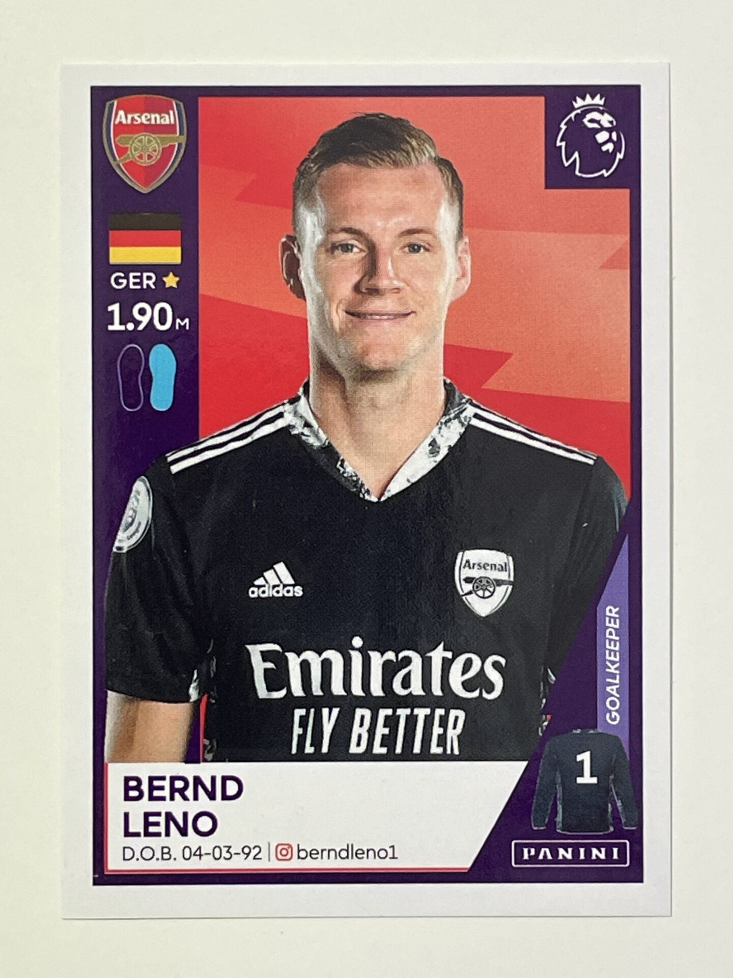 24 Bernd Leno Arsenal Panini Premier League 2021 Football Sticker