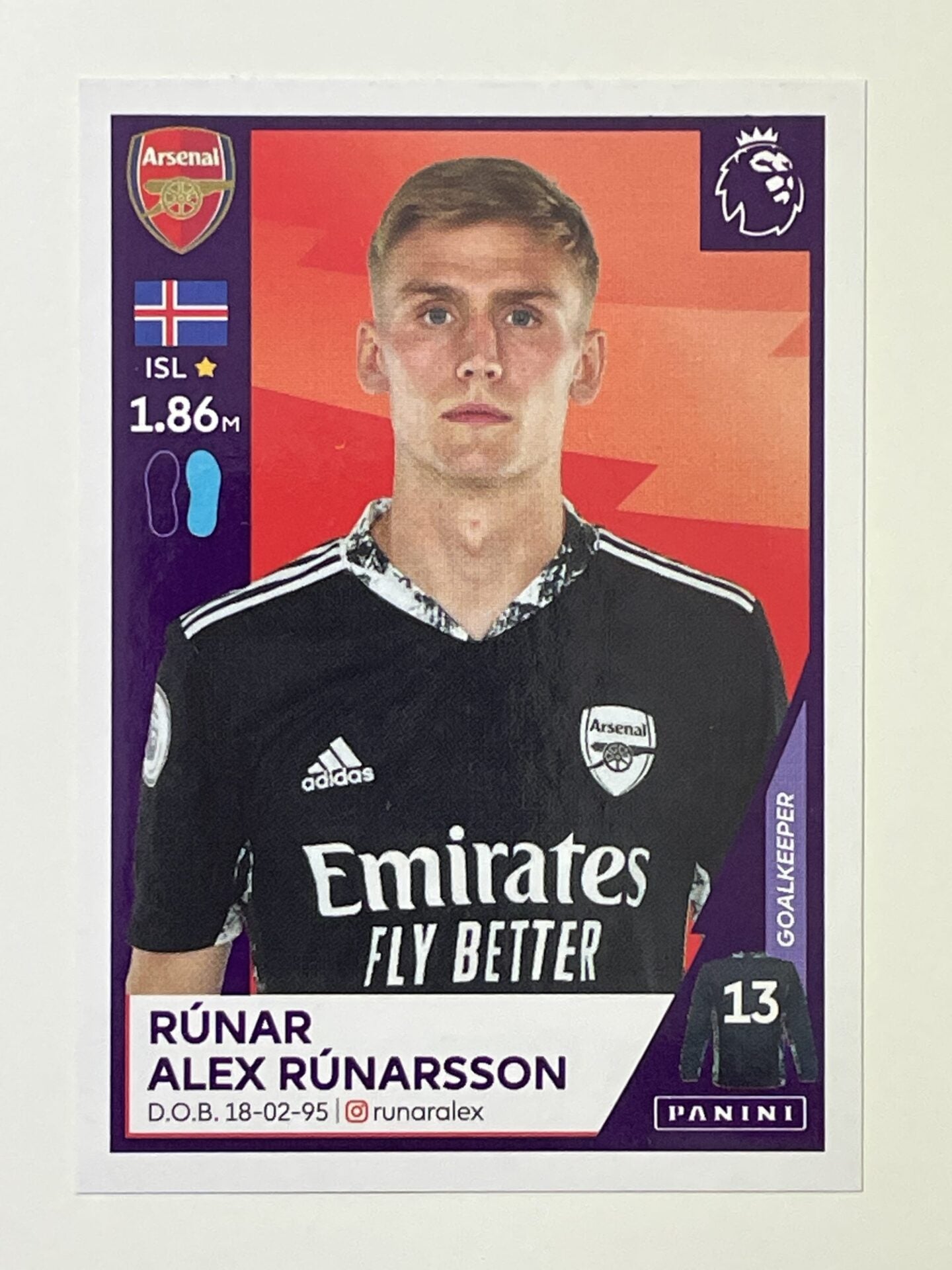 25 Runar Alex Runarsson Arsenal Panini Premier League 2021 Football Sticker