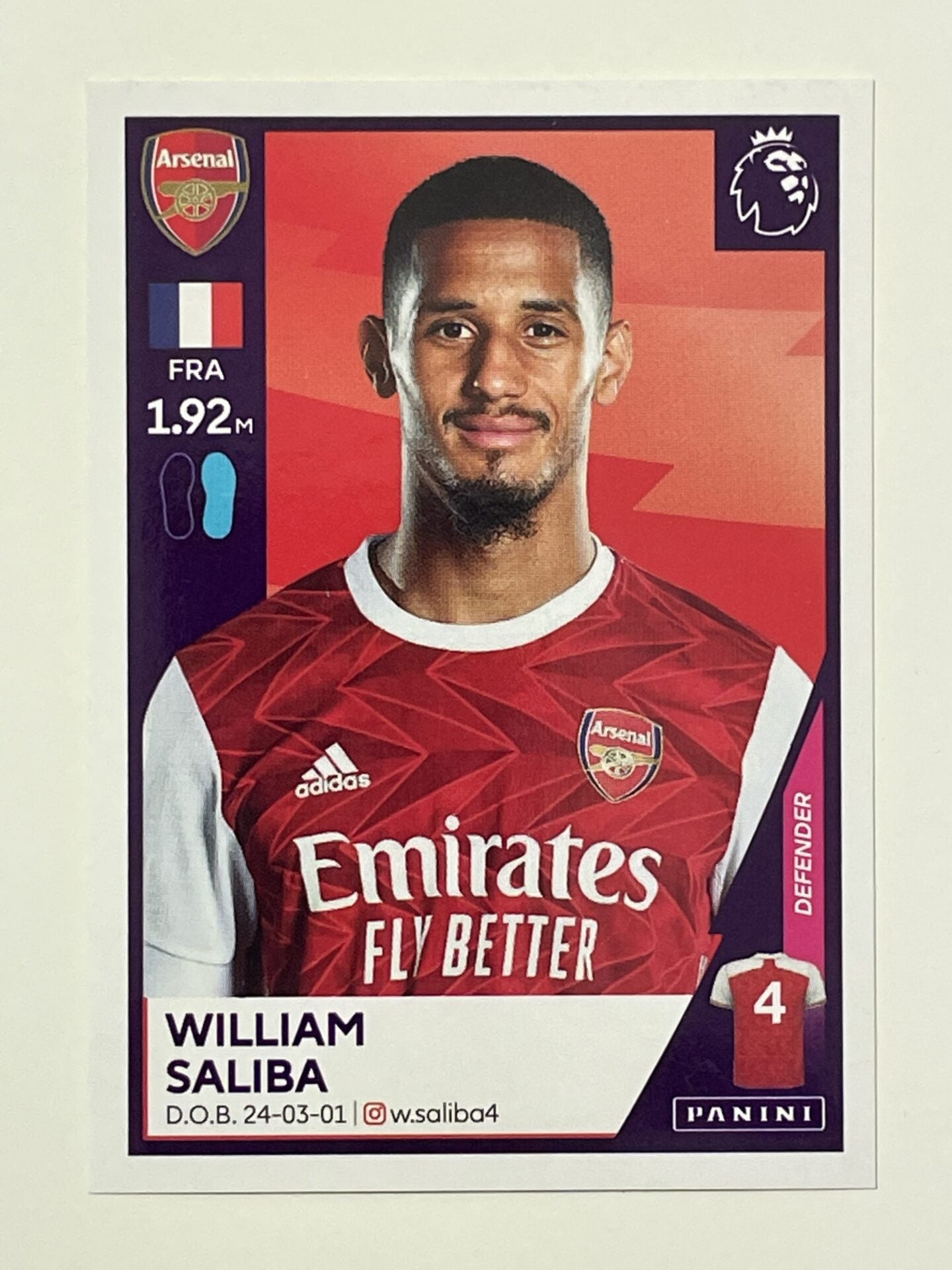 28 William Saliba Arsenal Panini Premier League 2021 Football Sticker