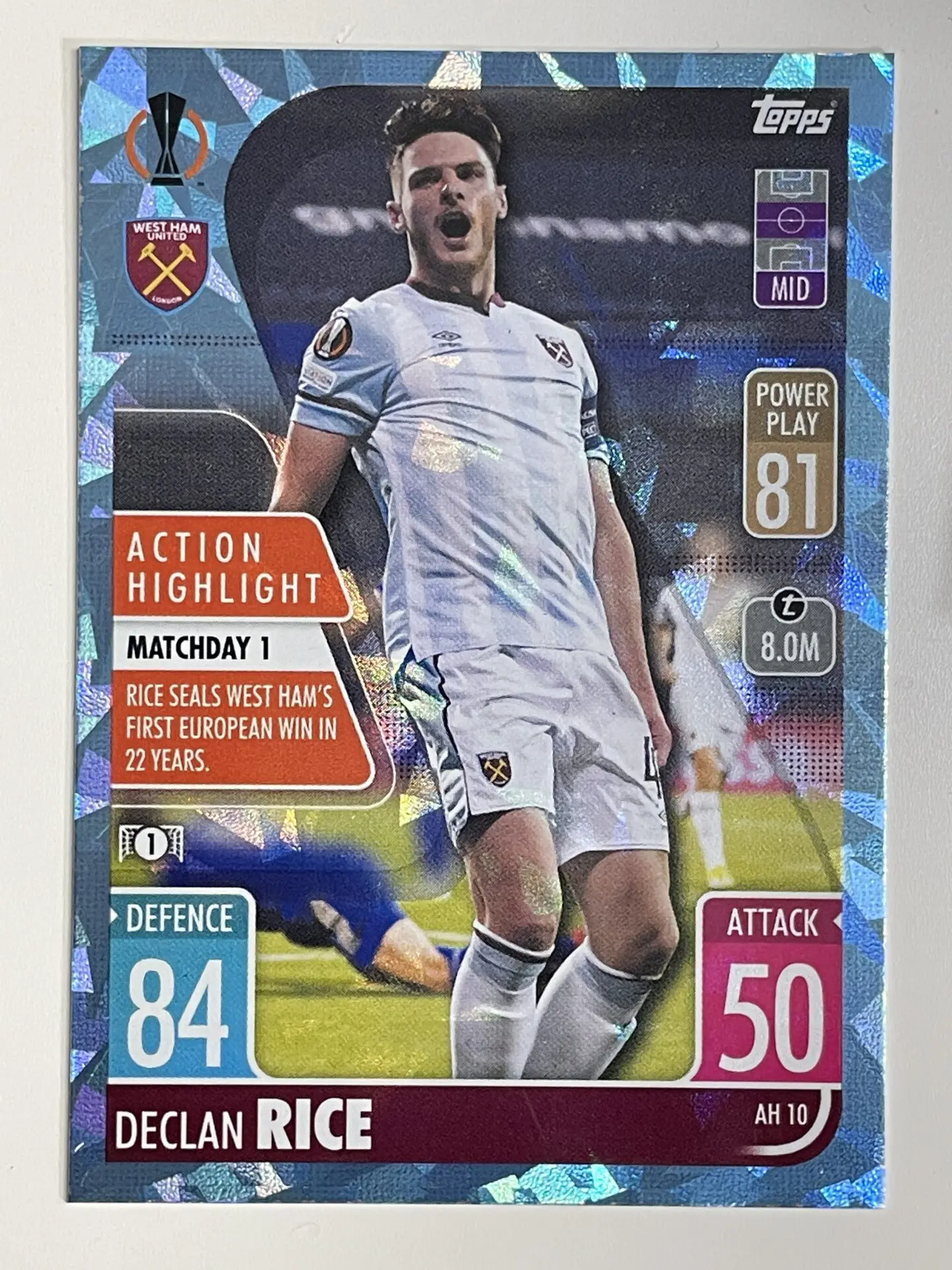AH10 Declan Rice West Ham Action Highlight Crystal Foil Parallel Topps  Match Attax Extra 2021/22 Card