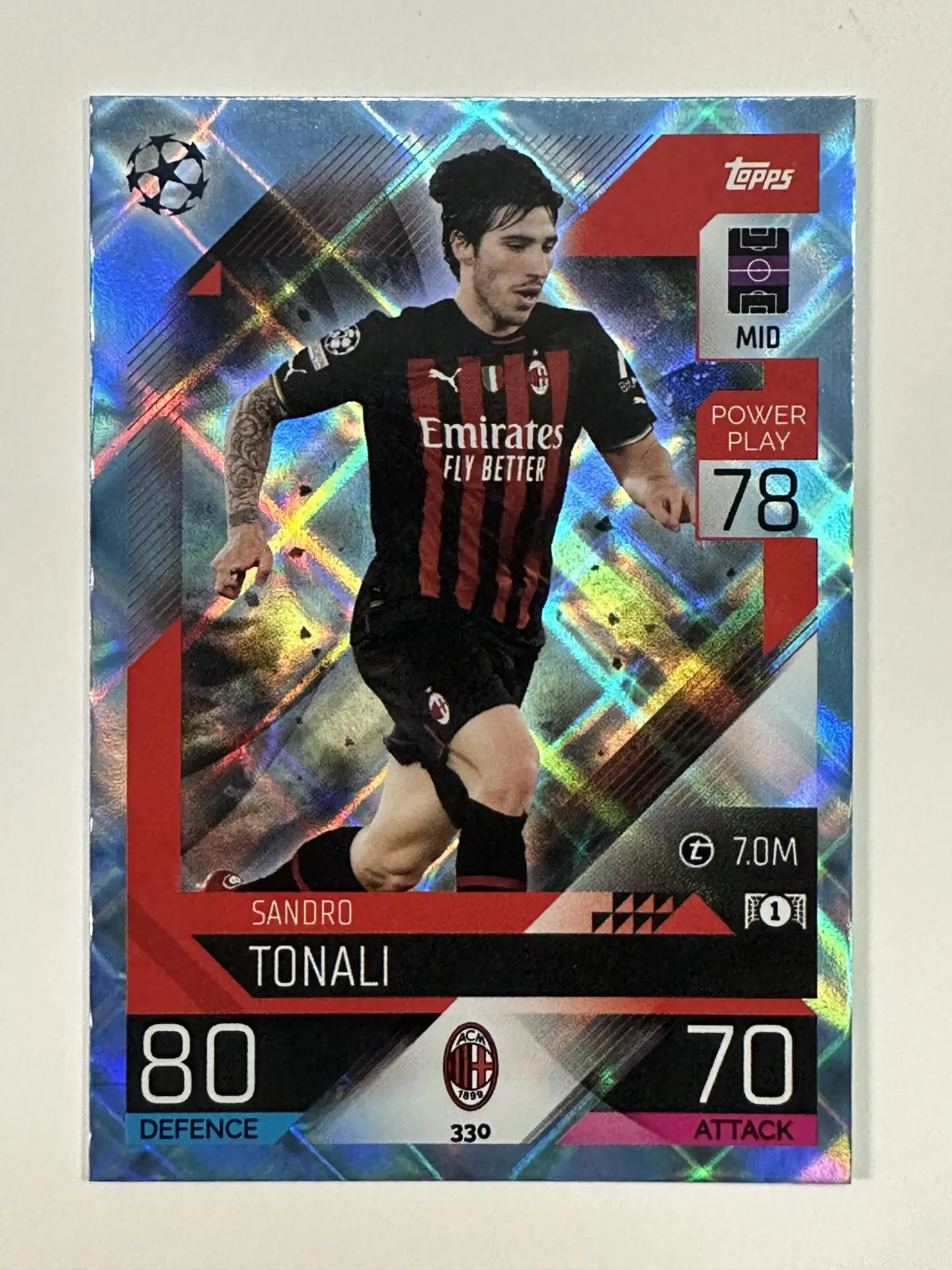 330 Sandro Tonali Base Crystal Foil Parallel (AC Milan) Topps Match Attax  2022/2023 Card